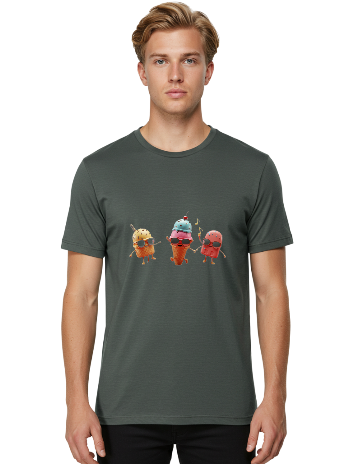 Sunglasses-Ice-Cream Men'S Graphic Tee, 100% Cotton, Comfortable Casual Summer Wear, Machine Washable, Fun Ice Cream Characters, Cool Shades, Summertime Vibes, Dancing Treats, Playful Dessert, Sweet Indulgence, Frozen Fun Bab480