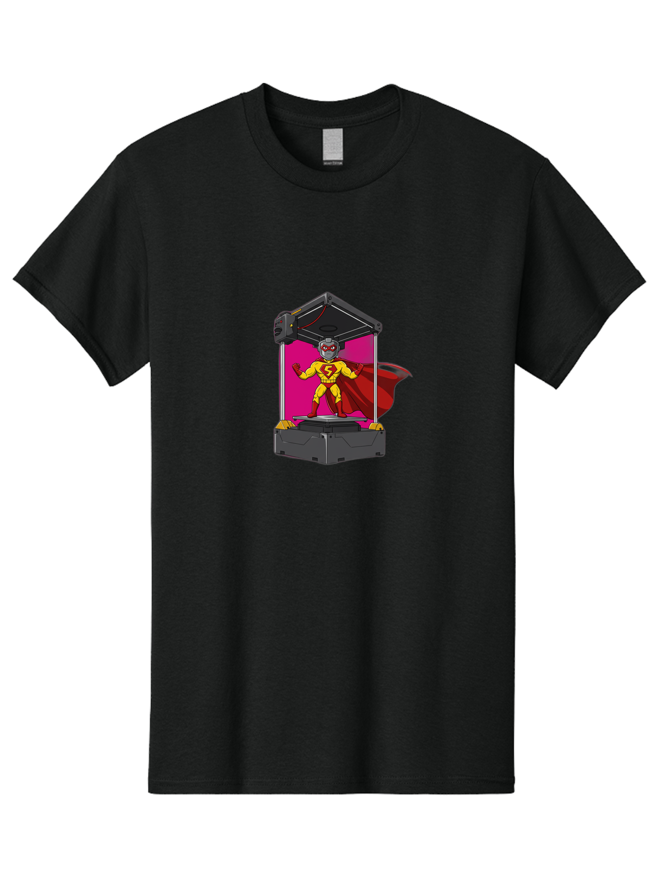 Super-S Men'S Graphic Tee, 100% Cotton, Comfortable Casual Summer Wear, Machine Washable, Superhero Emerging From 3D Printer, Futuristic Technology, Cartoon Character, Yellow And Red Costume, Red Cape, Superhero Emblem, Innovative Printing Bab481