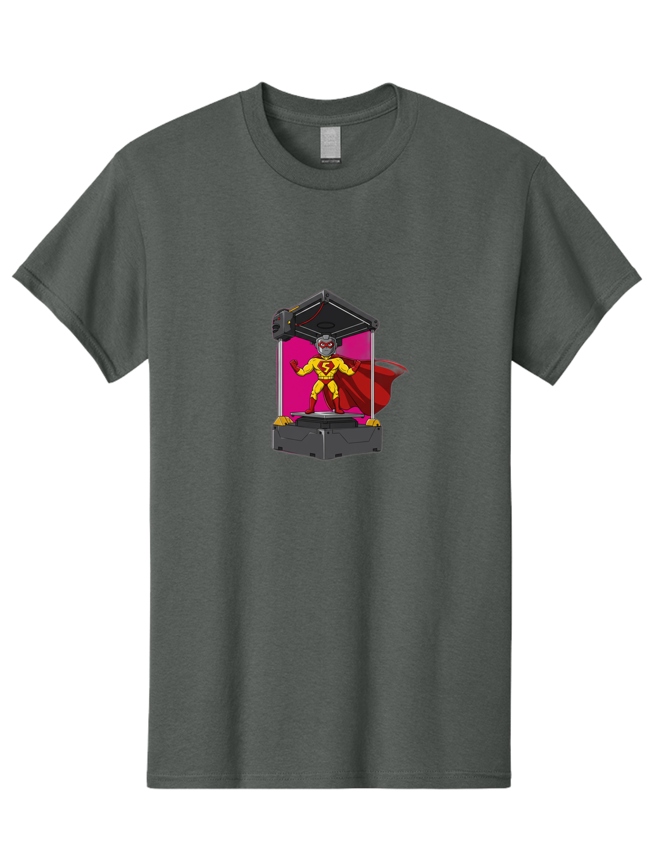 Super-S Men'S Graphic Tee, 100% Cotton, Comfortable Casual Summer Wear, Machine Washable, Superhero Emerging From 3D Printer, Futuristic Technology, Cartoon Character, Yellow And Red Costume, Red Cape, Superhero Emblem, Innovative Printing Bab481