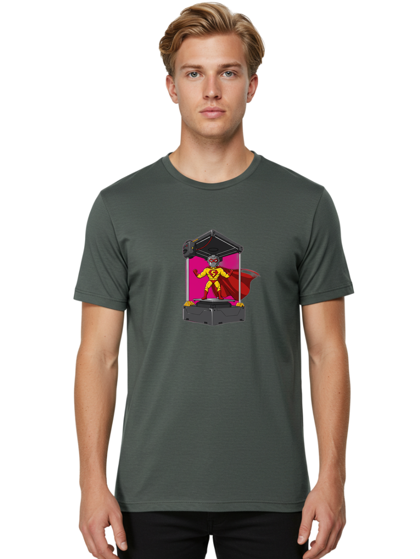 Super-S Men'S Graphic Tee, 100% Cotton, Comfortable Casual Summer Wear, Machine Washable, Superhero Emerging From 3D Printer, Futuristic Technology, Cartoon Character, Yellow And Red Costume, Red Cape, Superhero Emblem, Innovative Printing Bab481