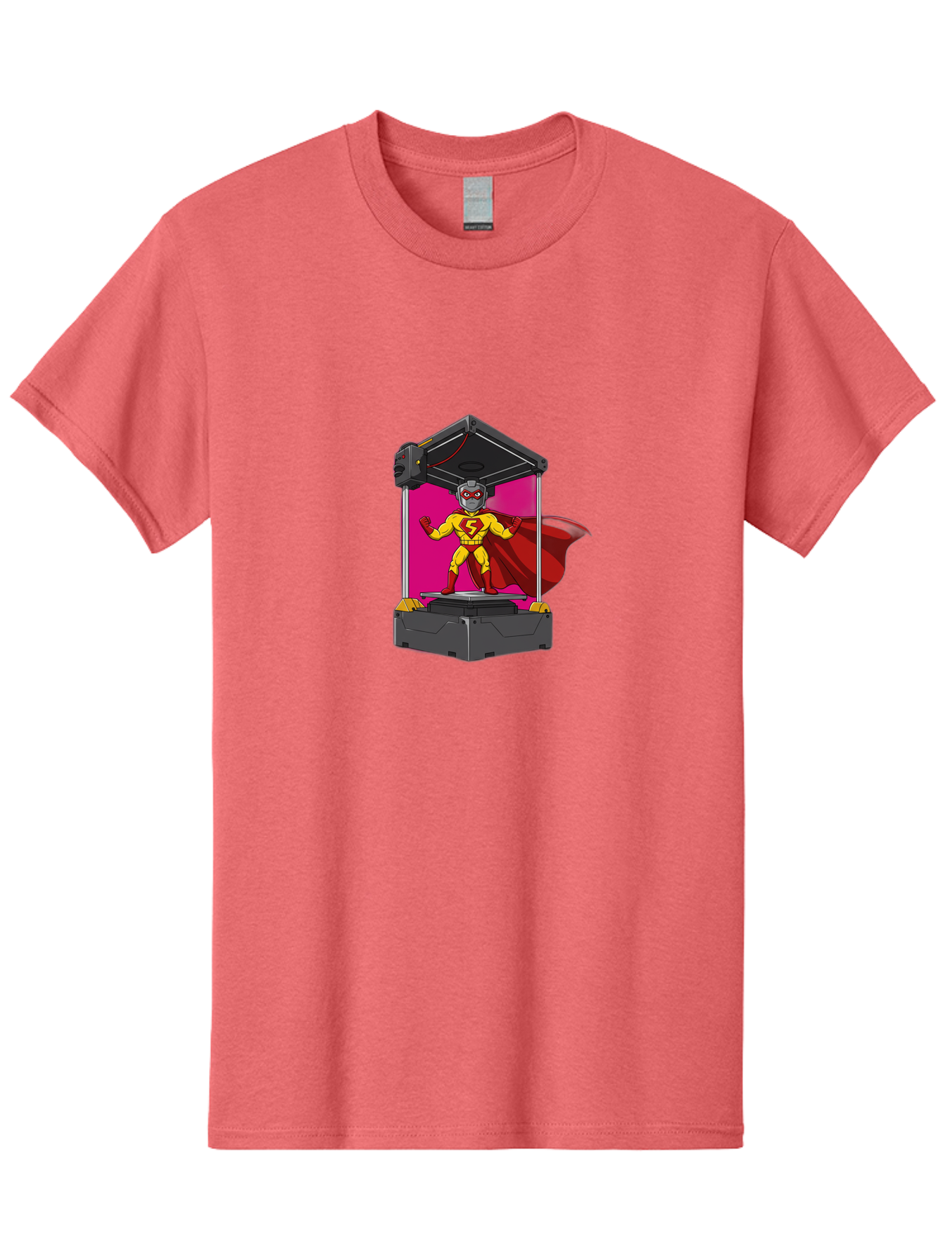 Super-S Men'S Graphic Tee, 100% Cotton, Comfortable Casual Summer Wear, Machine Washable, Superhero Emerging From 3D Printer, Futuristic Technology, Cartoon Character, Yellow And Red Costume, Red Cape, Superhero Emblem, Innovative Printing Bab481