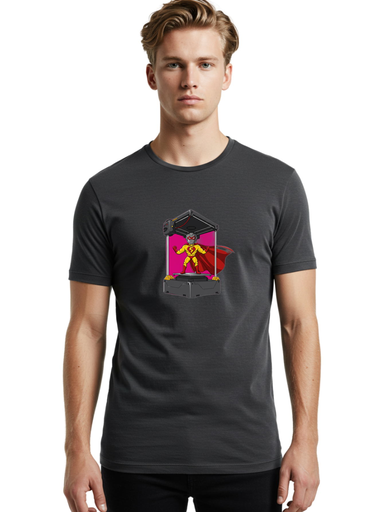 Super-S Men'S Graphic Tee, 100% Cotton, Comfortable Casual Summer Wear, Machine Washable, Superhero Emerging From 3D Printer, Futuristic Technology, Cartoon Character, Yellow And Red Costume, Red Cape, Superhero Emblem, Innovative Printing Bab481