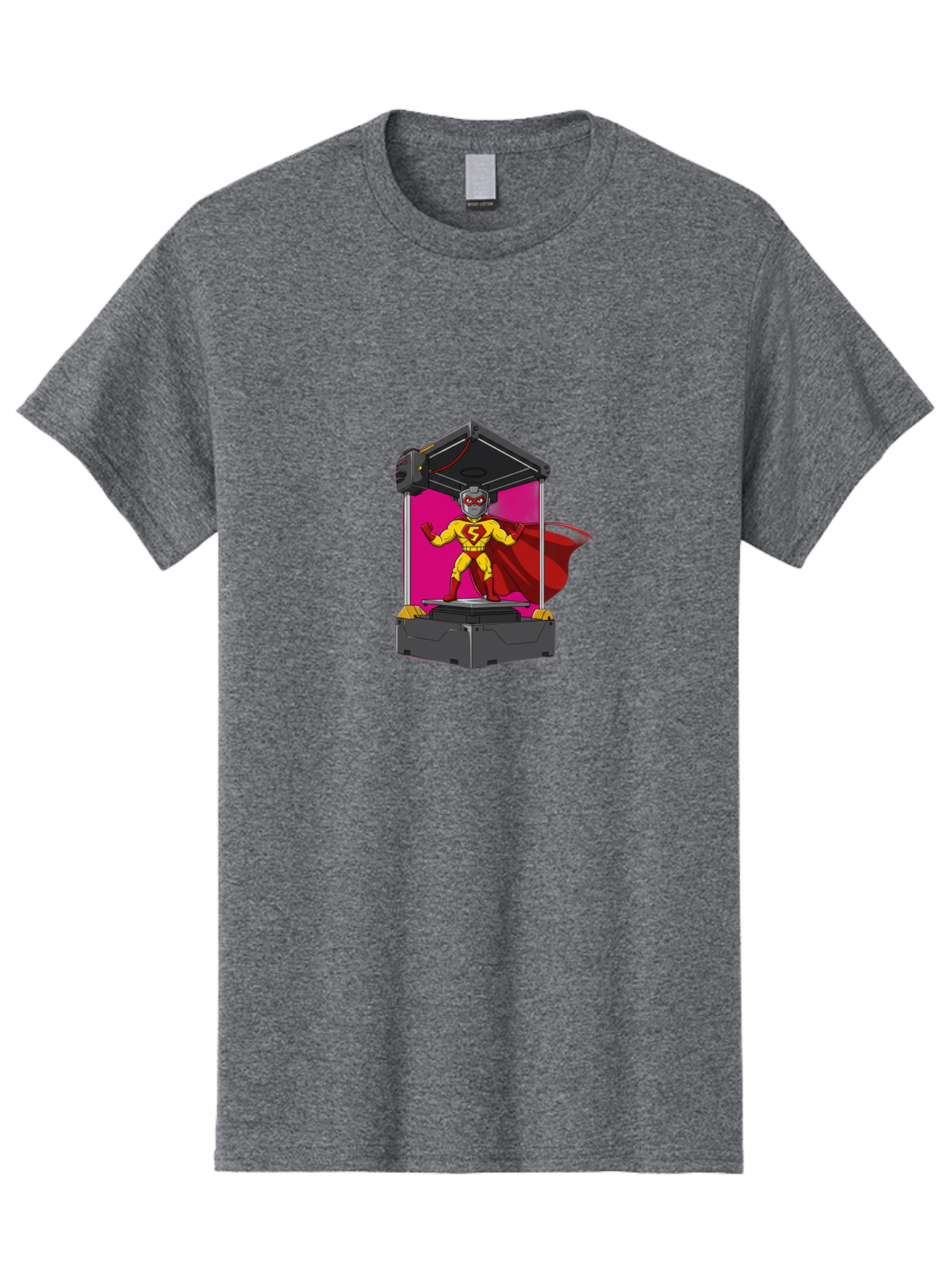Super-S Men'S Graphic Tee, 100% Cotton, Comfortable Casual Summer Wear, Machine Washable, Superhero Emerging From 3D Printer, Futuristic Technology, Cartoon Character, Yellow And Red Costume, Red Cape, Superhero Emblem, Innovative Printing Bab481