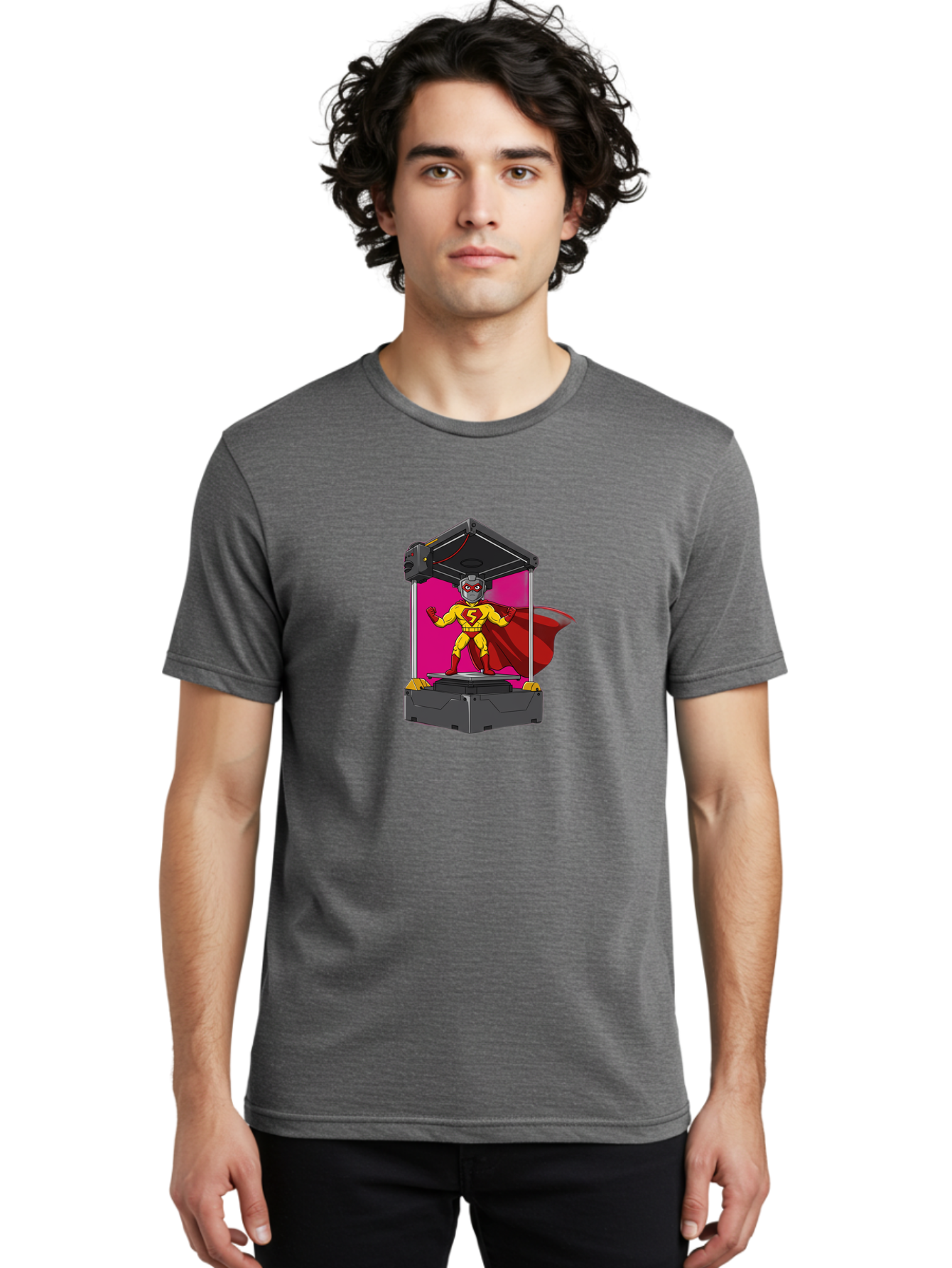 Super-S Men'S Graphic Tee, 100% Cotton, Comfortable Casual Summer Wear, Machine Washable, Superhero Emerging From 3D Printer, Futuristic Technology, Cartoon Character, Yellow And Red Costume, Red Cape, Superhero Emblem, Innovative Printing Bab481