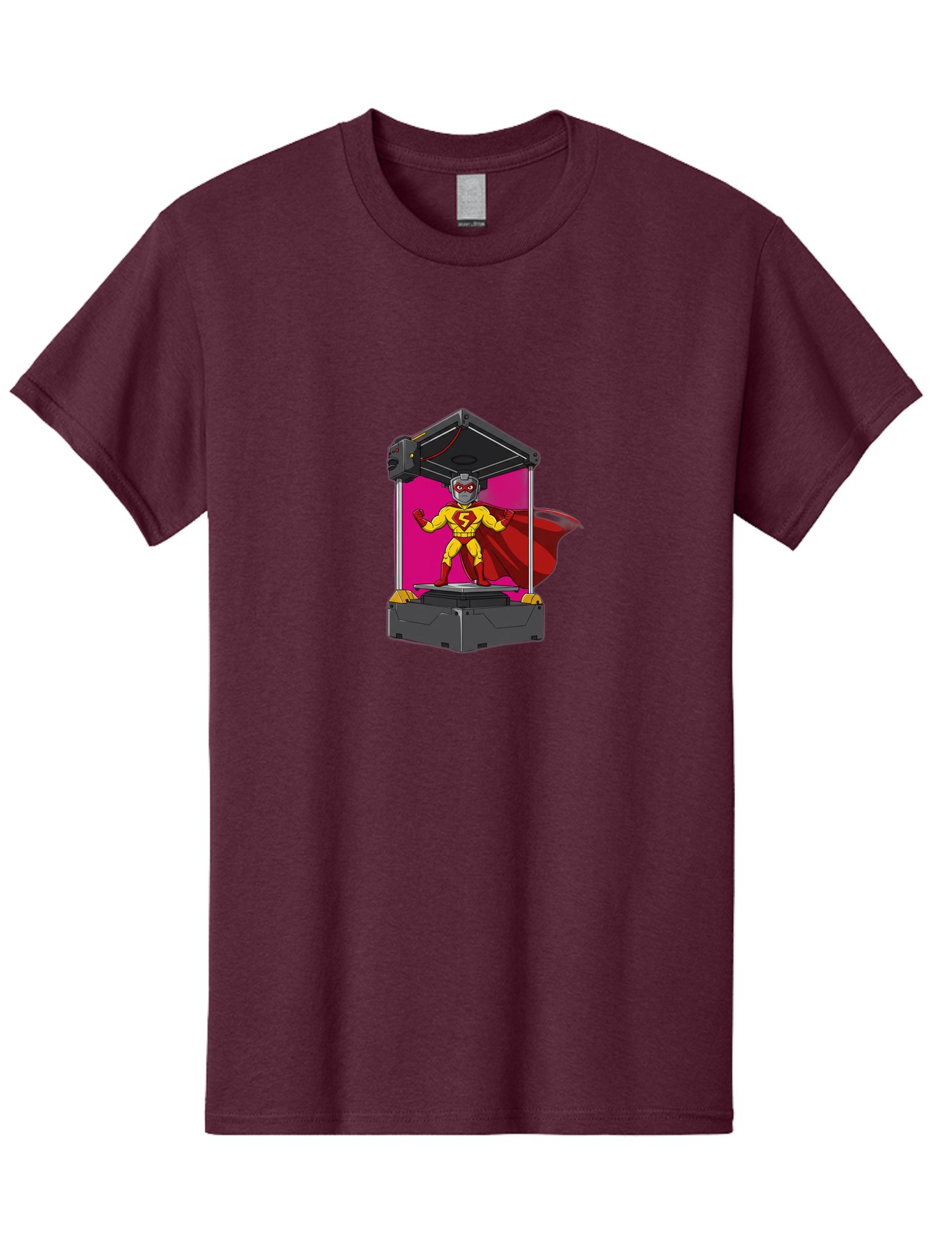 Super-S Men'S Graphic Tee, 100% Cotton, Comfortable Casual Summer Wear, Machine Washable, Superhero Emerging From 3D Printer, Futuristic Technology, Cartoon Character, Yellow And Red Costume, Red Cape, Superhero Emblem, Innovative Printing Bab481