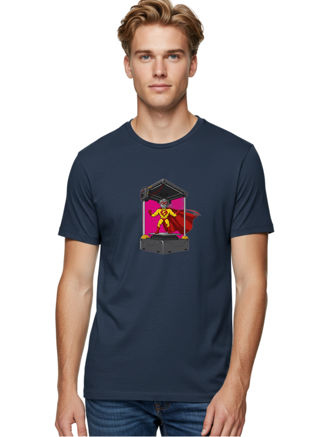Super-S Men'S Graphic Tee, 100% Cotton, Comfortable Casual Summer Wear, Machine Washable, Superhero Emerging From 3D Printer, Futuristic Technology, Cartoon Character, Yellow And Red Costume, Red Cape, Superhero Emblem, Innovative Printing Bab481