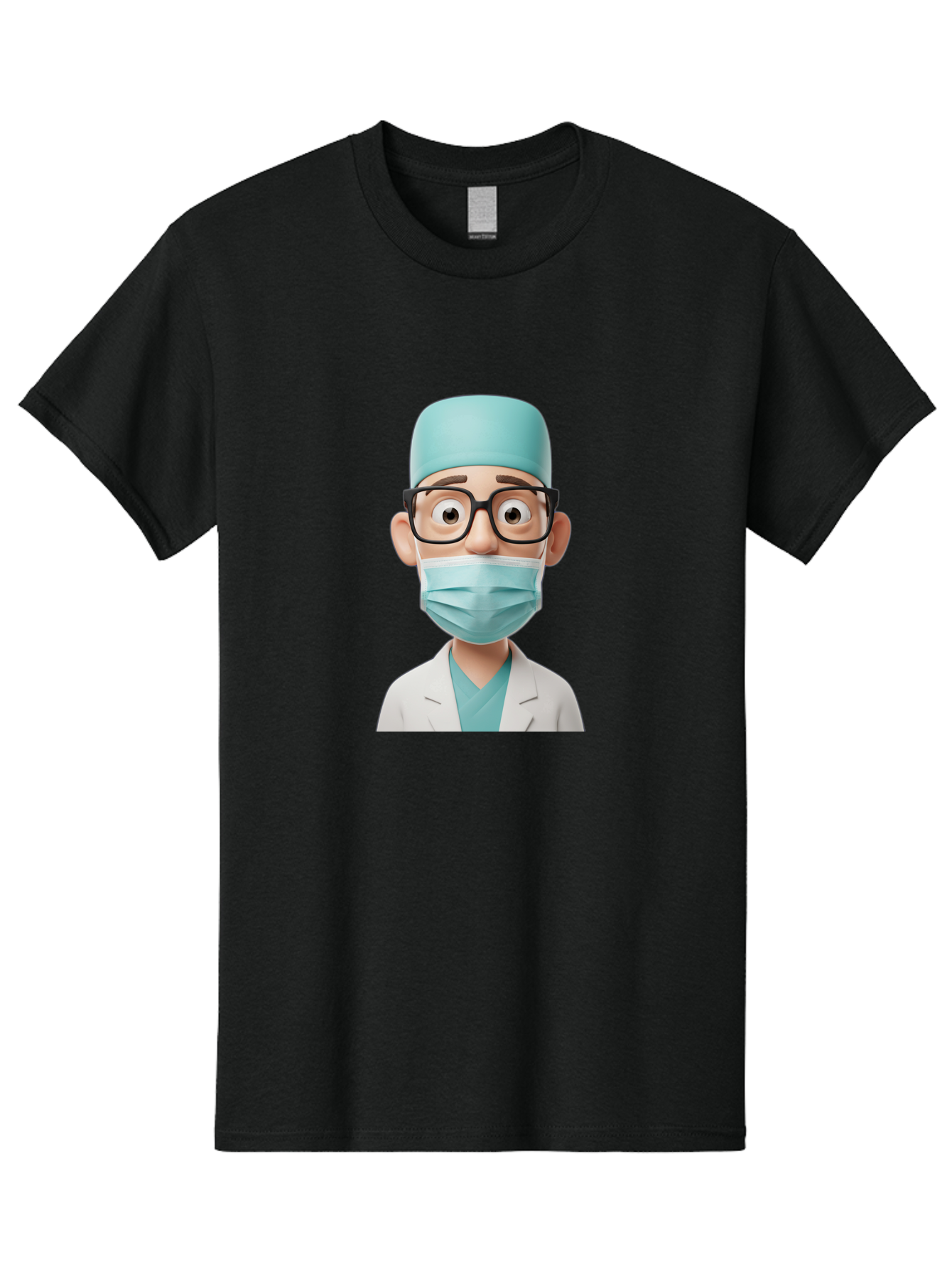 Surgeon Men'S Graphic Tee, 100% Cotton, Comfortable Casual Summer Wear, Machine Washable, Cartoon Surgeon, Medical Professional, Surgical Attire, Protective Gear, Face Mask, Glasses, Shocked Expression, White Lab Coat, Blue Scrubs Bab482