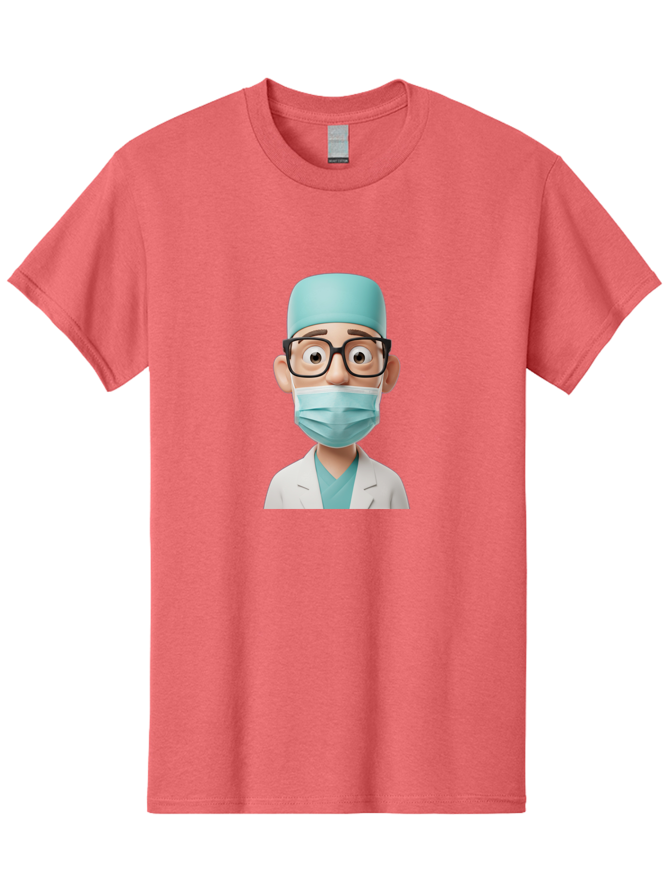 Surgeon Men'S Graphic Tee, 100% Cotton, Comfortable Casual Summer Wear, Machine Washable, Cartoon Surgeon, Medical Professional, Surgical Attire, Protective Gear, Face Mask, Glasses, Shocked Expression, White Lab Coat, Blue Scrubs Bab482