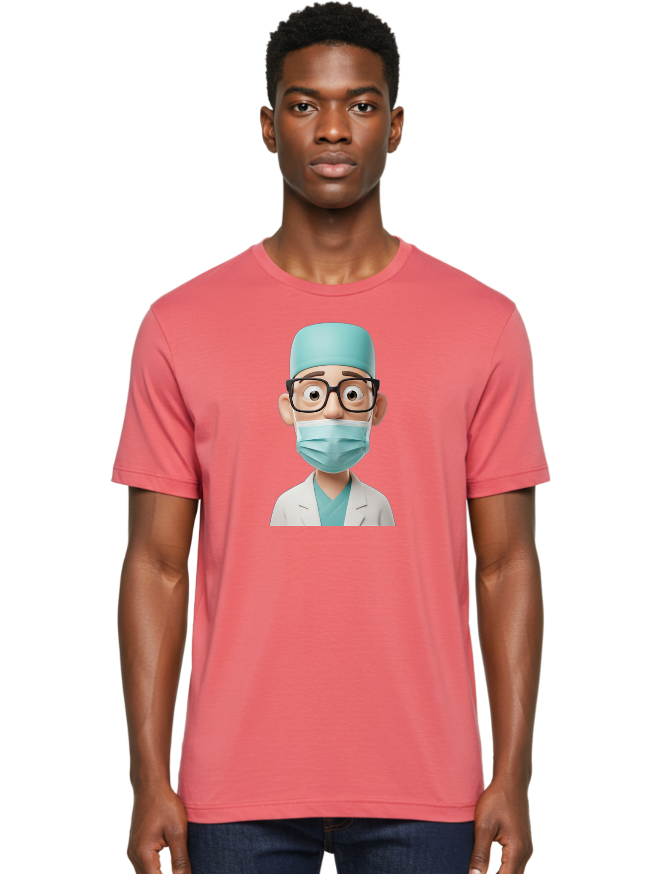Surgeon Men'S Graphic Tee, 100% Cotton, Comfortable Casual Summer Wear, Machine Washable, Cartoon Surgeon, Medical Professional, Surgical Attire, Protective Gear, Face Mask, Glasses, Shocked Expression, White Lab Coat, Blue Scrubs Bab482