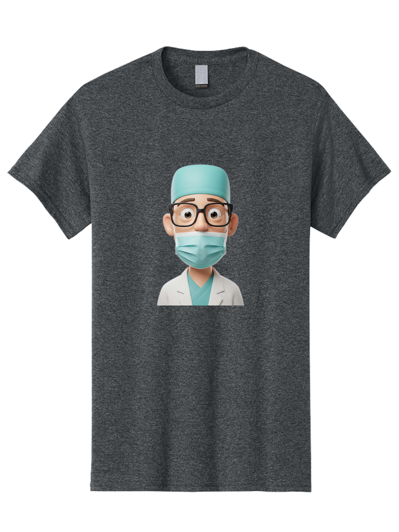 Surgeon Men'S Graphic Tee, 100% Cotton, Comfortable Casual Summer Wear, Machine Washable, Cartoon Surgeon, Medical Professional, Surgical Attire, Protective Gear, Face Mask, Glasses, Shocked Expression, White Lab Coat, Blue Scrubs Bab482