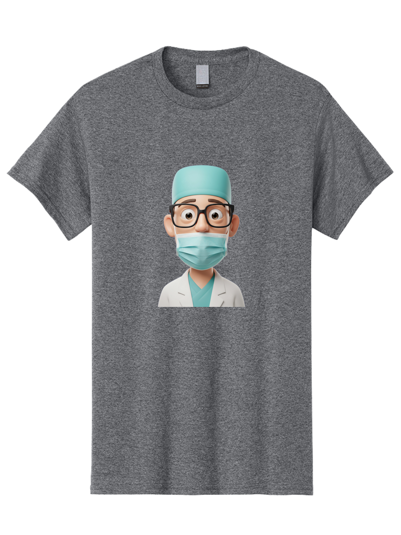Surgeon Men'S Graphic Tee, 100% Cotton, Comfortable Casual Summer Wear, Machine Washable, Cartoon Surgeon, Medical Professional, Surgical Attire, Protective Gear, Face Mask, Glasses, Shocked Expression, White Lab Coat, Blue Scrubs Bab482