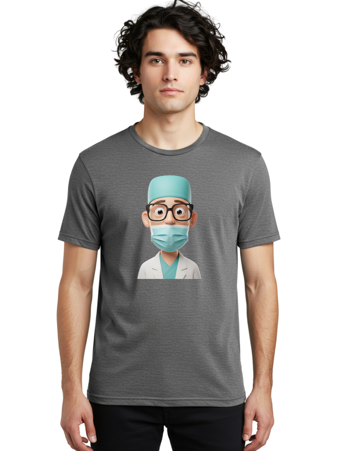 Surgeon Men'S Graphic Tee, 100% Cotton, Comfortable Casual Summer Wear, Machine Washable, Cartoon Surgeon, Medical Professional, Surgical Attire, Protective Gear, Face Mask, Glasses, Shocked Expression, White Lab Coat, Blue Scrubs Bab482