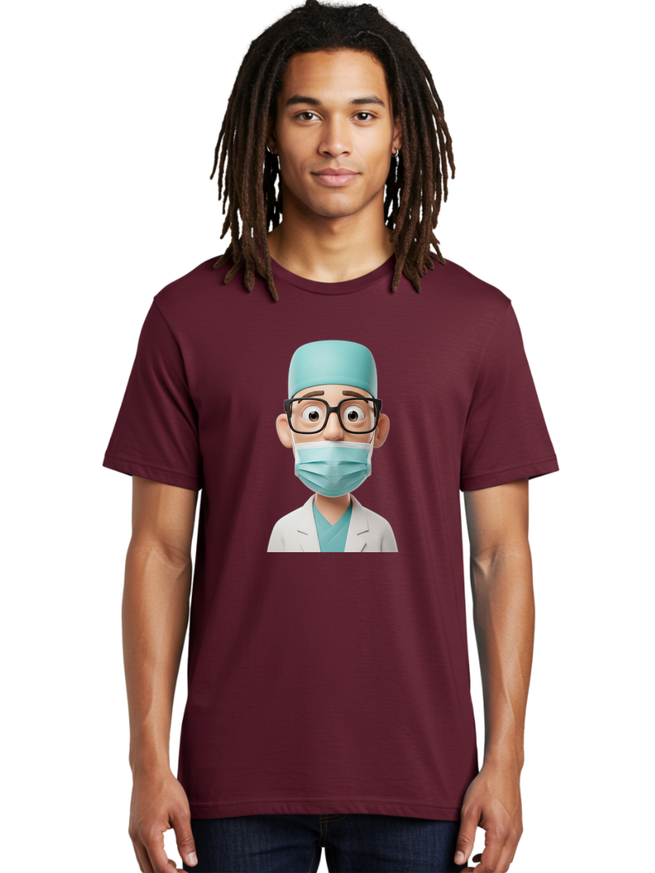Surgeon Men'S Graphic Tee, 100% Cotton, Comfortable Casual Summer Wear, Machine Washable, Cartoon Surgeon, Medical Professional, Surgical Attire, Protective Gear, Face Mask, Glasses, Shocked Expression, White Lab Coat, Blue Scrubs Bab482