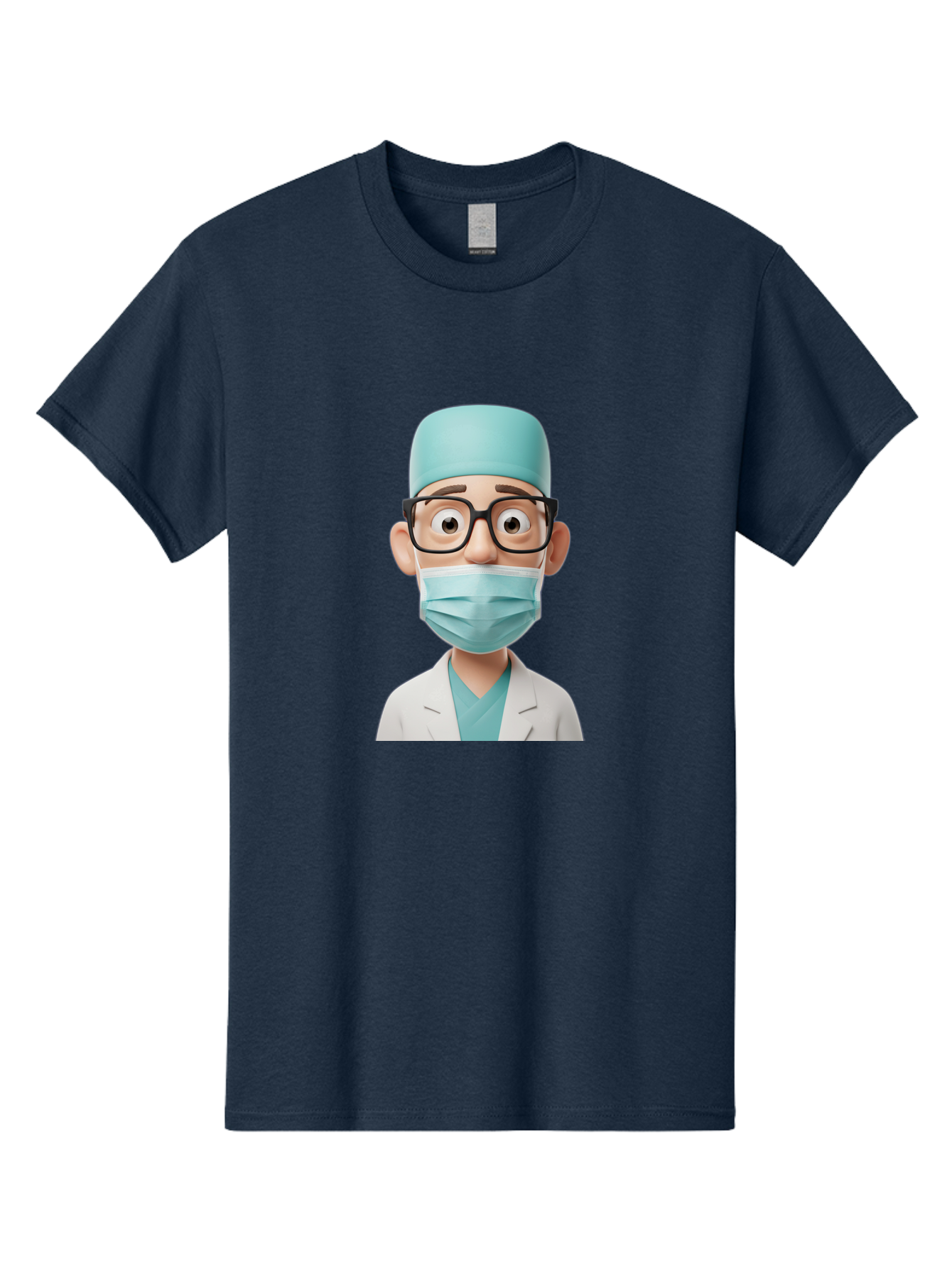 Surgeon Men'S Graphic Tee, 100% Cotton, Comfortable Casual Summer Wear, Machine Washable, Cartoon Surgeon, Medical Professional, Surgical Attire, Protective Gear, Face Mask, Glasses, Shocked Expression, White Lab Coat, Blue Scrubs Bab482