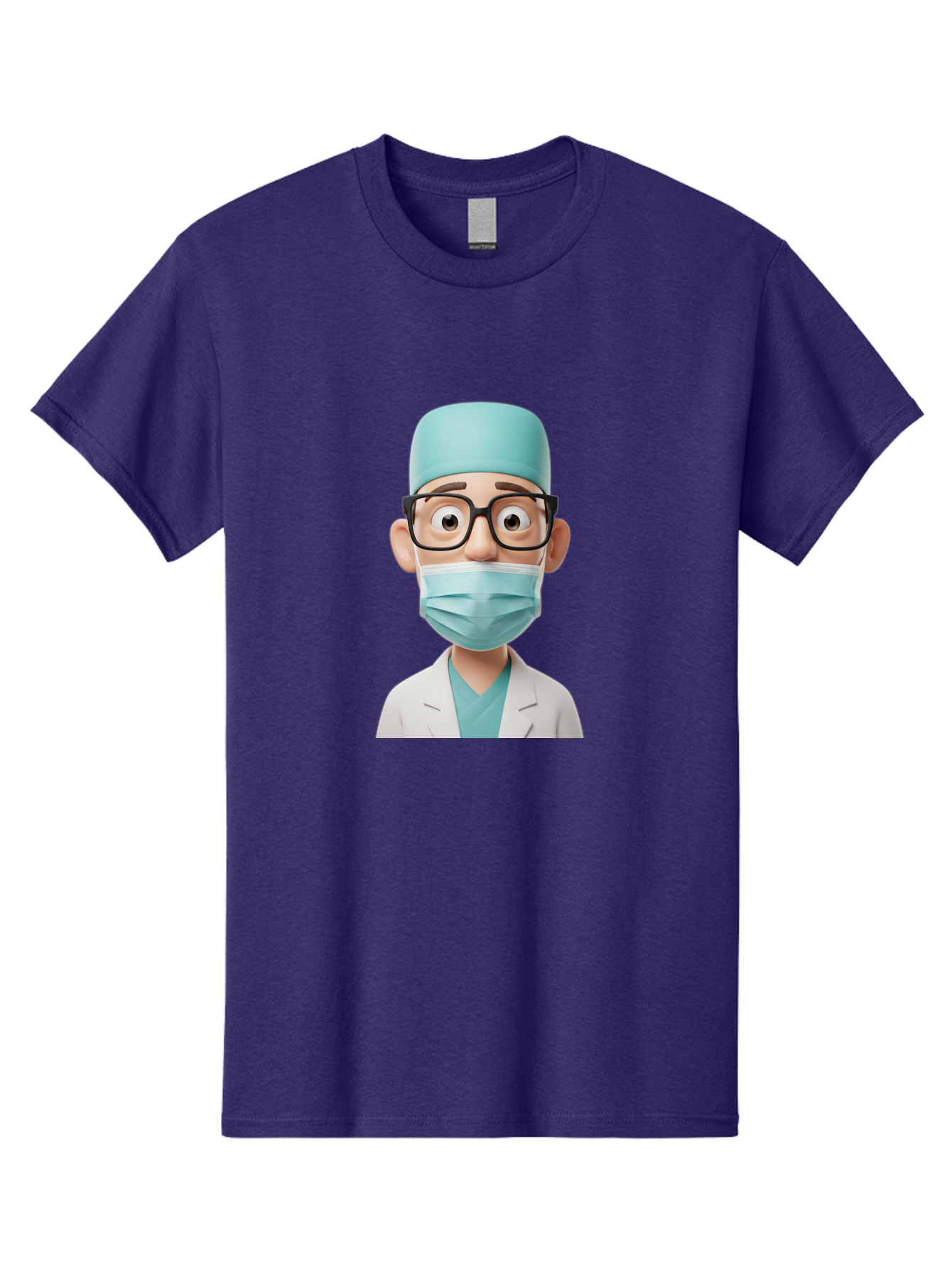 Surgeon Men'S Graphic Tee, 100% Cotton, Comfortable Casual Summer Wear, Machine Washable, Cartoon Surgeon, Medical Professional, Surgical Attire, Protective Gear, Face Mask, Glasses, Shocked Expression, White Lab Coat, Blue Scrubs Bab482