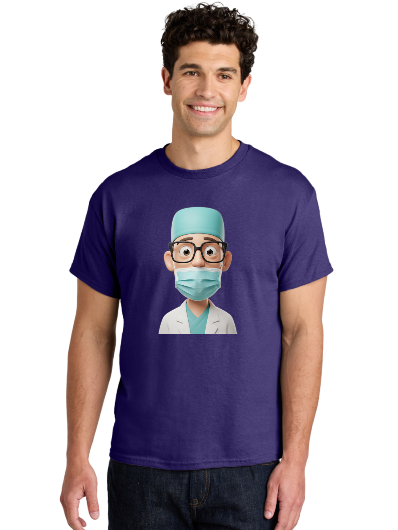 Surgeon Men'S Graphic Tee, 100% Cotton, Comfortable Casual Summer Wear, Machine Washable, Cartoon Surgeon, Medical Professional, Surgical Attire, Protective Gear, Face Mask, Glasses, Shocked Expression, White Lab Coat, Blue Scrubs Bab482