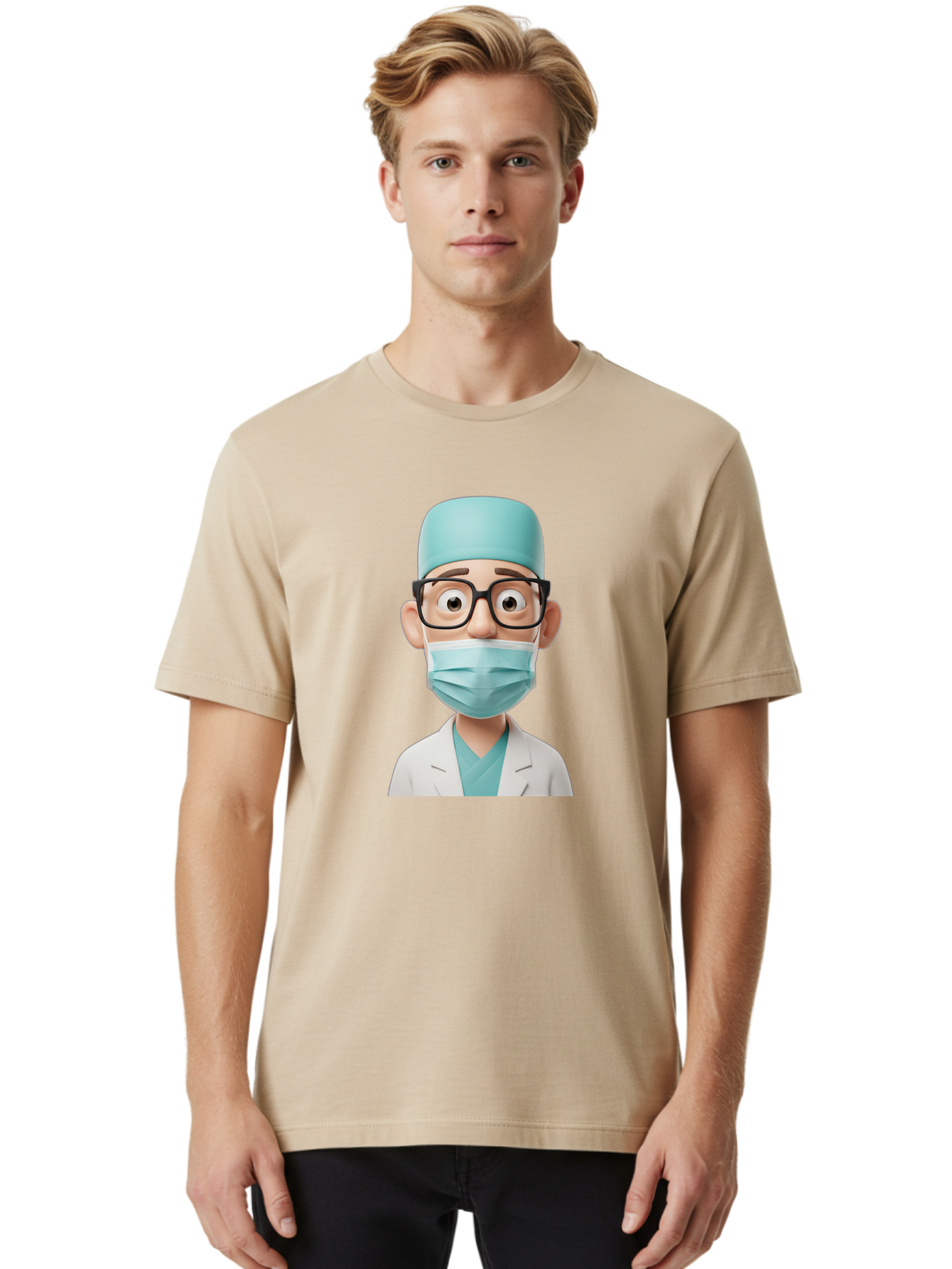Surgeon Men'S Graphic Tee, 100% Cotton, Comfortable Casual Summer Wear, Machine Washable, Cartoon Surgeon, Medical Professional, Surgical Attire, Protective Gear, Face Mask, Glasses, Shocked Expression, White Lab Coat, Blue Scrubs Bab482