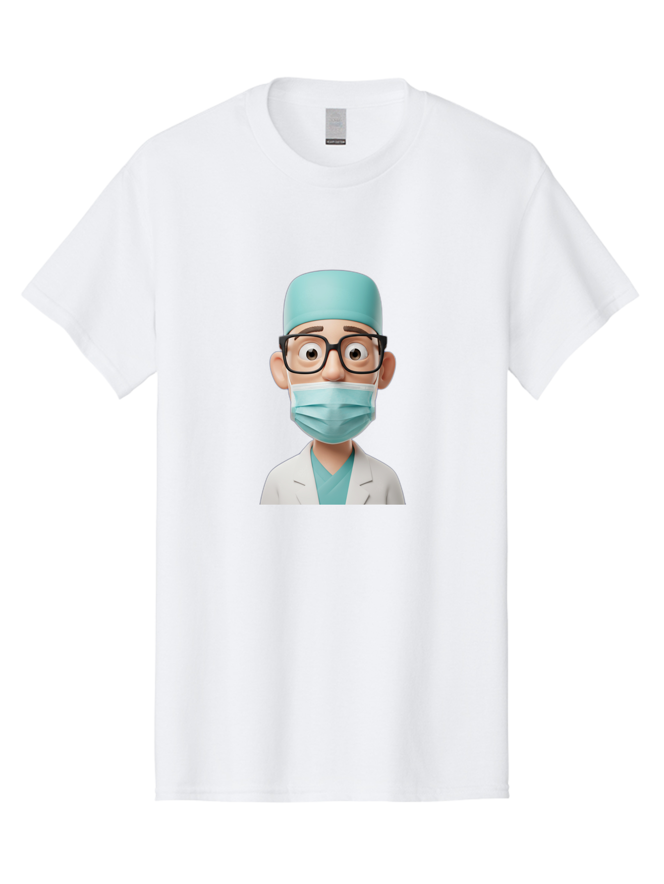 Surgeon Men'S Graphic Tee, 100% Cotton, Comfortable Casual Summer Wear, Machine Washable, Cartoon Surgeon, Medical Professional, Surgical Attire, Protective Gear, Face Mask, Glasses, Shocked Expression, White Lab Coat, Blue Scrubs Bab482