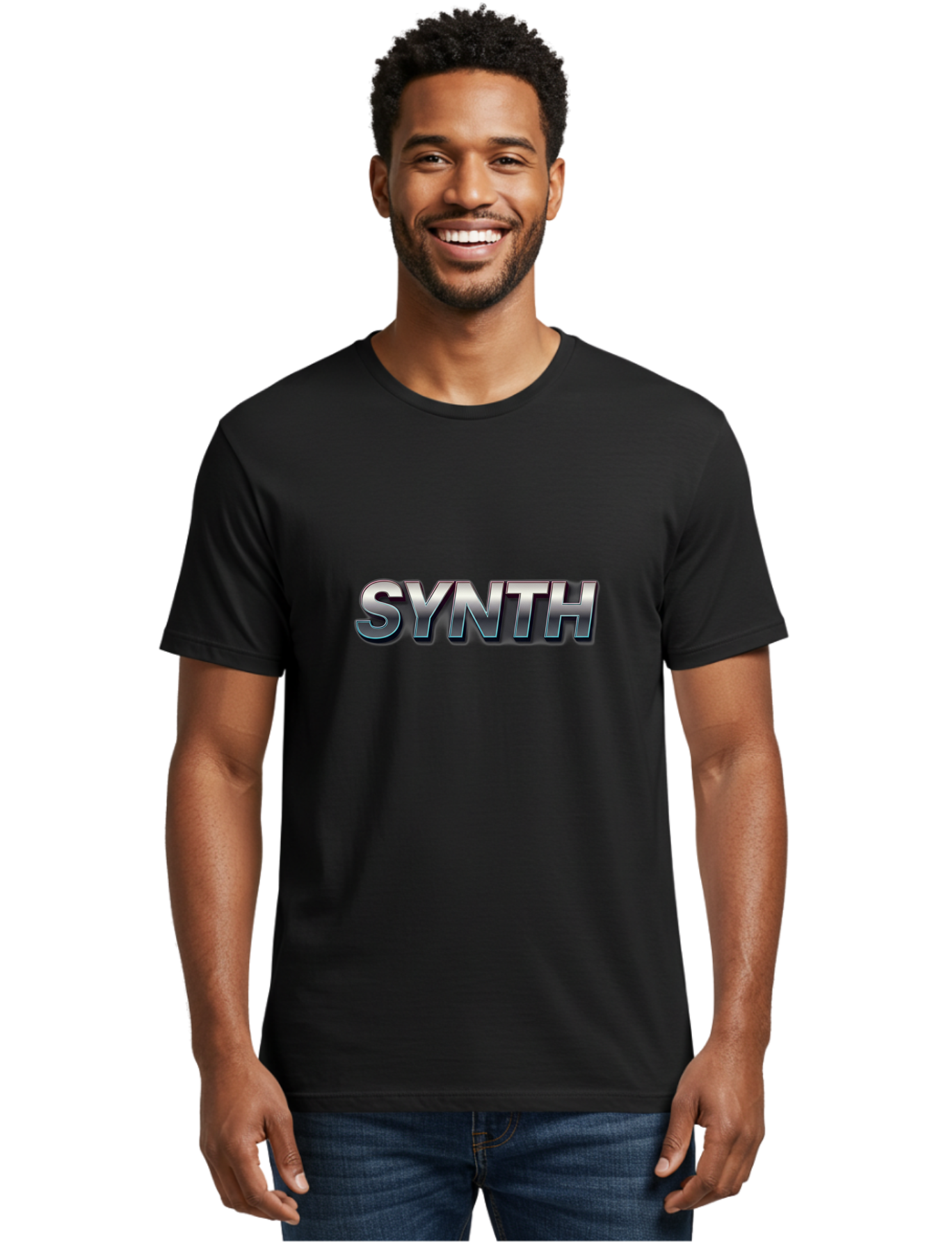 Synth Men'S Graphic Tee, 100% Cotton, Comfortable Casual Summer Wear, Machine Washable, Synth, Silver Text, Bold Font, Chrome Effect, Metallic Sheen, Futuristic Design, Modern Typography, Tech-Inspired Graphic Bab483