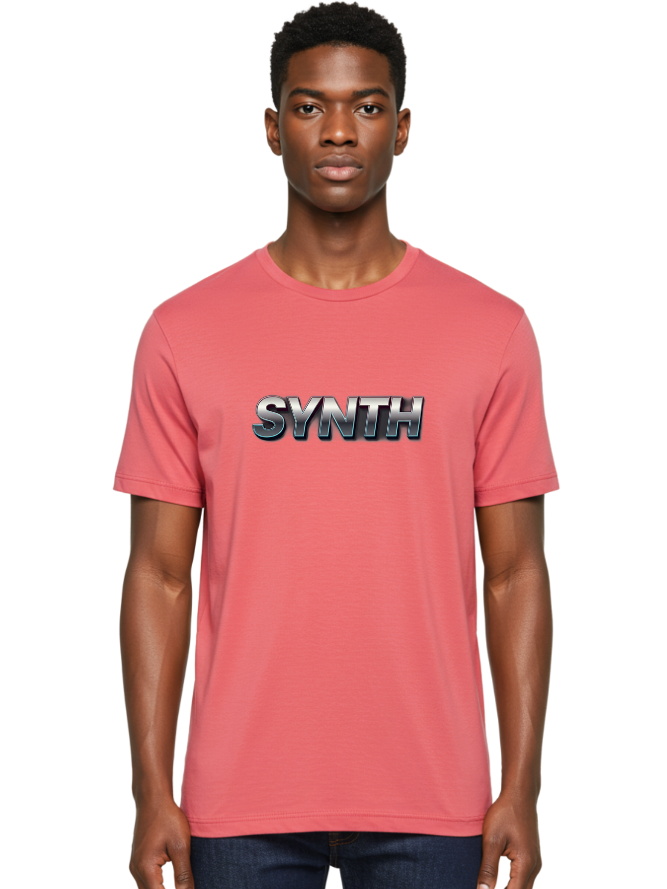 Synth Men'S Graphic Tee, 100% Cotton, Comfortable Casual Summer Wear, Machine Washable, Synth, Silver Text, Bold Font, Chrome Effect, Metallic Sheen, Futuristic Design, Modern Typography, Tech-Inspired Graphic Bab483