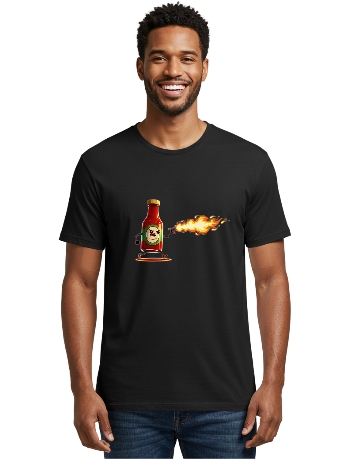Tabasco Men'S Graphic Tee, 100% Cotton, Comfortable Casual Summer Wear, Machine Washable, Tabasco Sauce Bottle Character, Fiery Personality, Cartoon Style, Hot Sauce, Spicy Food, Humorous Illustration, Condiment, Animated Bottle Bab486