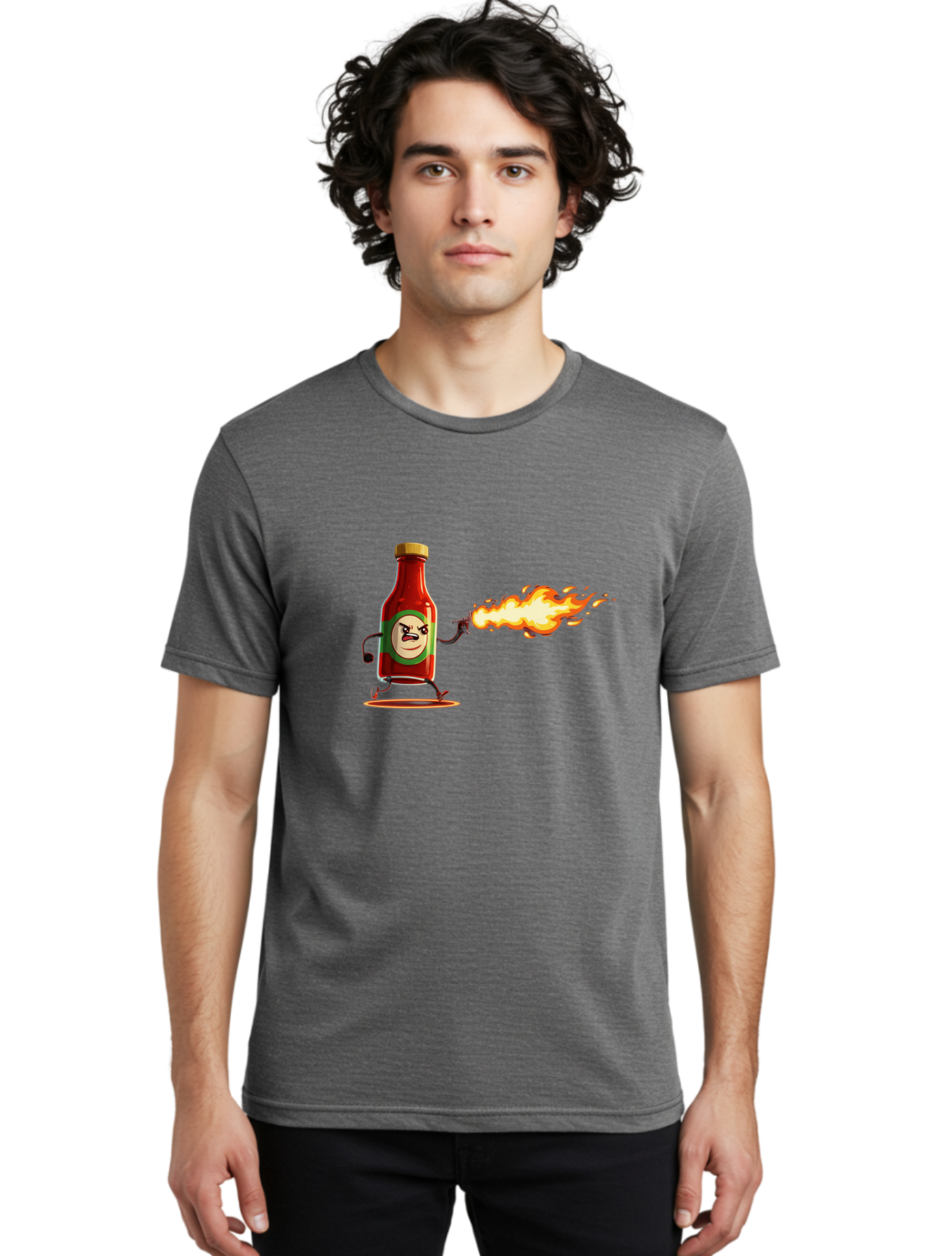 Tabasco Men'S Graphic Tee, 100% Cotton, Comfortable Casual Summer Wear, Machine Washable, Tabasco Sauce Bottle Character, Fiery Personality, Cartoon Style, Hot Sauce, Spicy Food, Humorous Illustration, Condiment, Animated Bottle Bab486