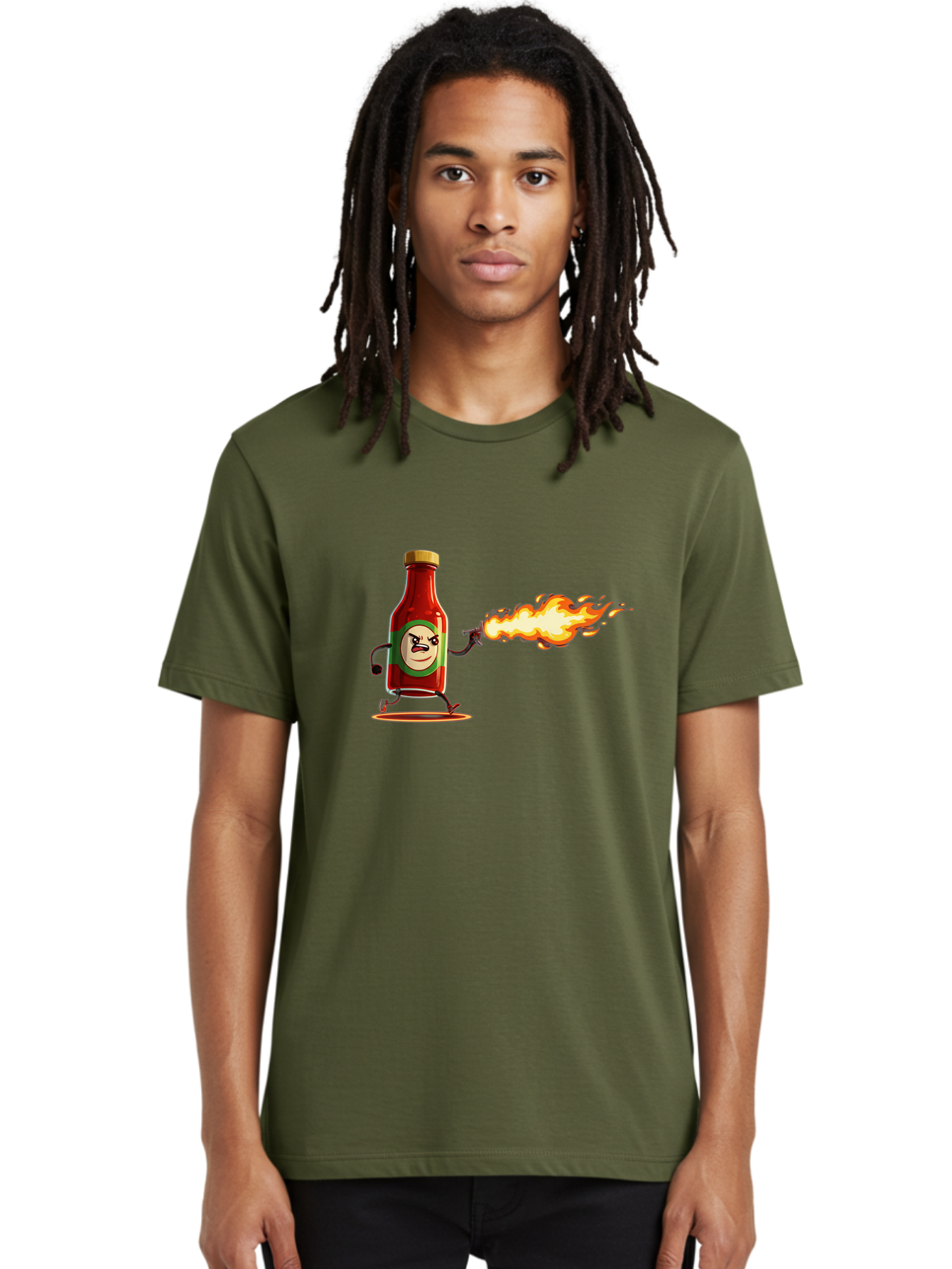 Tabasco Men'S Graphic Tee, 100% Cotton, Comfortable Casual Summer Wear, Machine Washable, Tabasco Sauce Bottle Character, Fiery Personality, Cartoon Style, Hot Sauce, Spicy Food, Humorous Illustration, Condiment, Animated Bottle Bab486