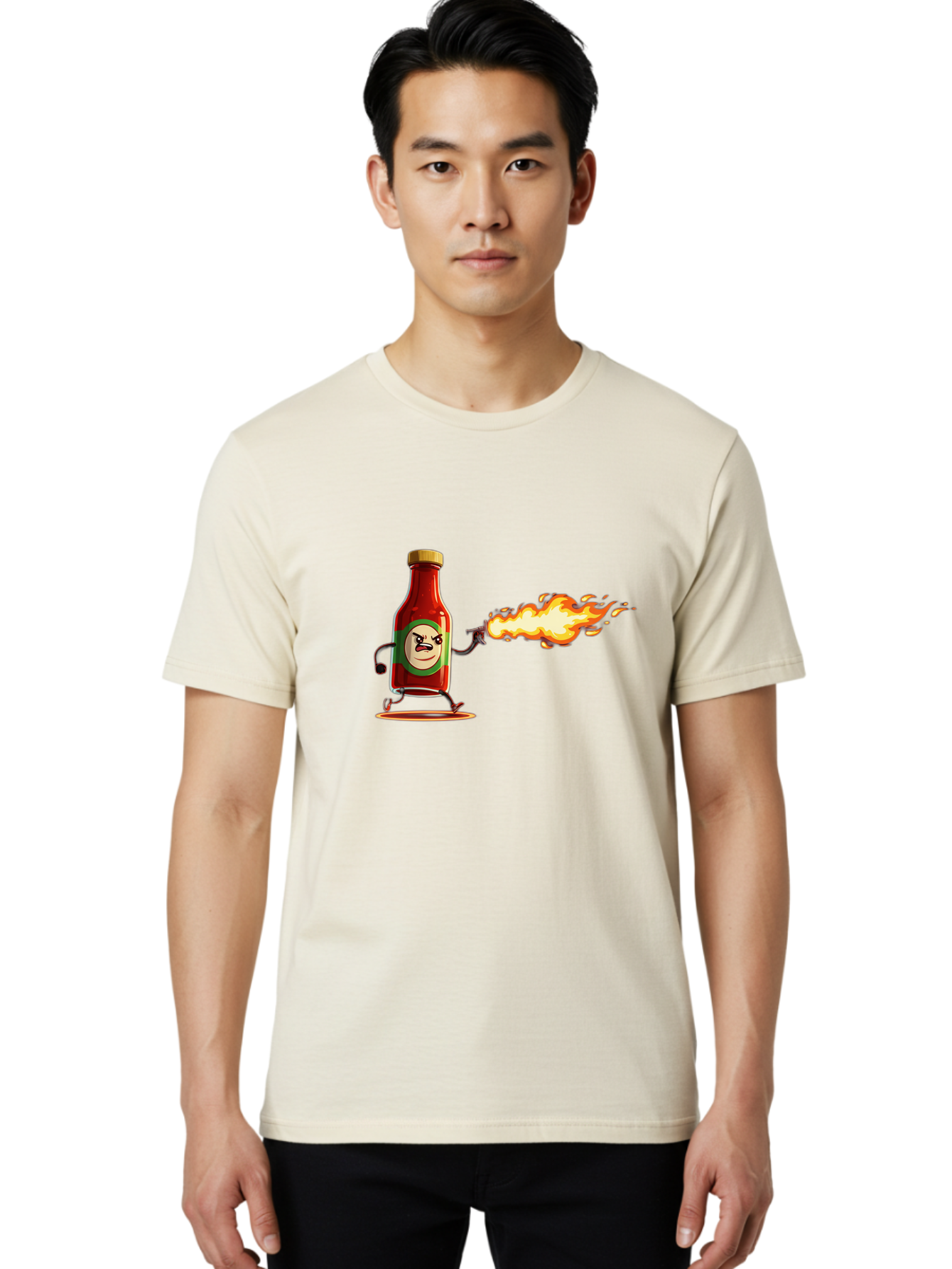 Tabasco Men'S Graphic Tee, 100% Cotton, Comfortable Casual Summer Wear, Machine Washable, Tabasco Sauce Bottle Character, Fiery Personality, Cartoon Style, Hot Sauce, Spicy Food, Humorous Illustration, Condiment, Animated Bottle Bab486