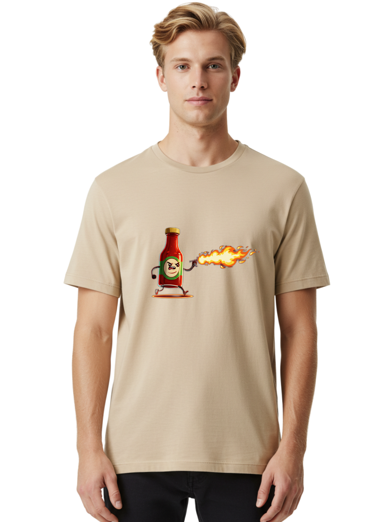Tabasco Men'S Graphic Tee, 100% Cotton, Comfortable Casual Summer Wear, Machine Washable, Tabasco Sauce Bottle Character, Fiery Personality, Cartoon Style, Hot Sauce, Spicy Food, Humorous Illustration, Condiment, Animated Bottle Bab486