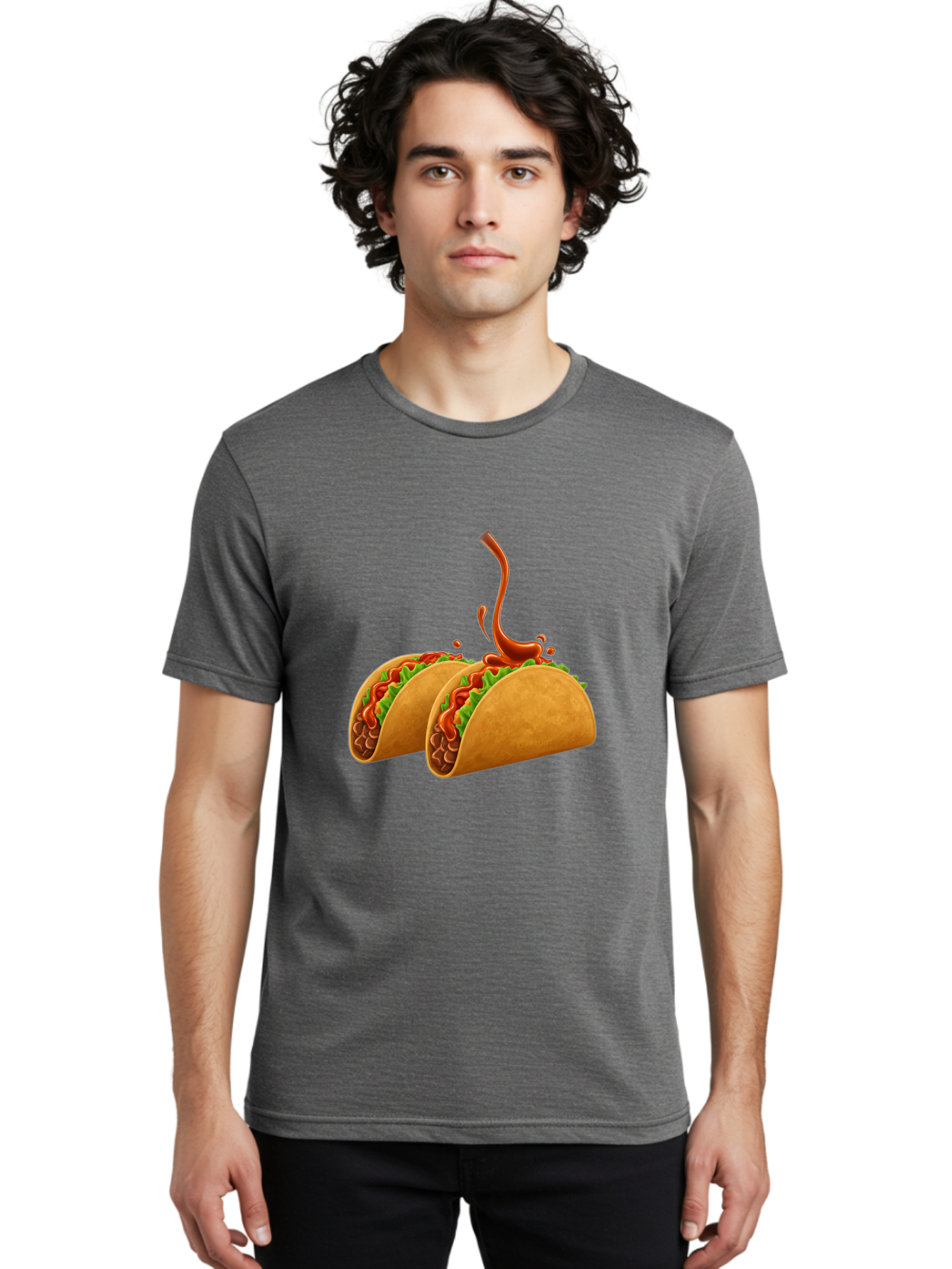 Tacos-With-Hot-Sauce Men'S Graphic Tee, 100% Cotton, Comfortable Casual Summer Wear, Machine Washable, Tacos With Lettuce, Salsa Splashing, Mexican Food, Fast Food, Taco Graphics, Vibrant Red Sauce, Crunchy Tacos, Fresh Lettuce, Salsa Splash Bab488