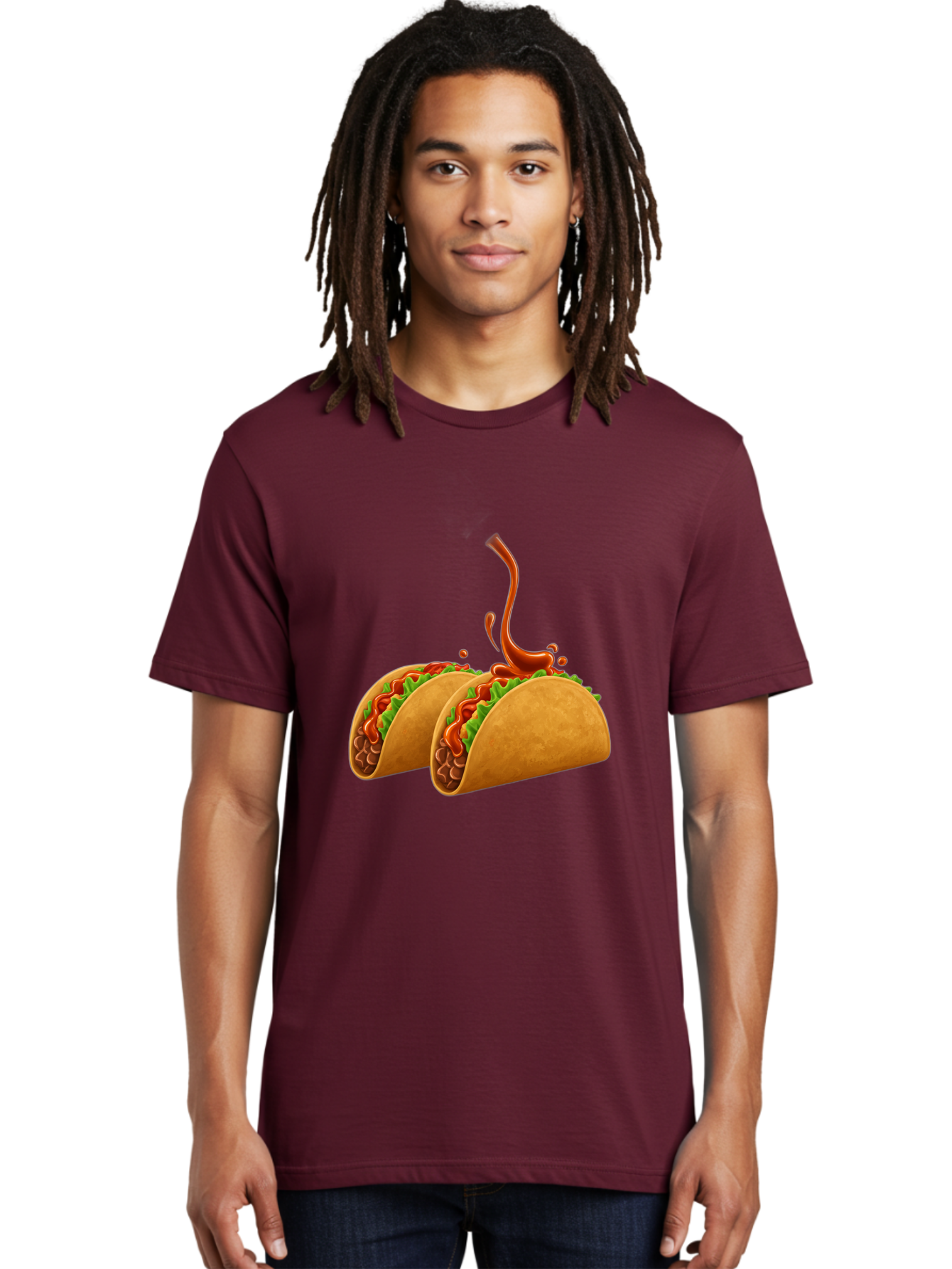 Tacos-With-Hot-Sauce Men'S Graphic Tee, 100% Cotton, Comfortable Casual Summer Wear, Machine Washable, Tacos With Lettuce, Salsa Splashing, Mexican Food, Fast Food, Taco Graphics, Vibrant Red Sauce, Crunchy Tacos, Fresh Lettuce, Salsa Splash Bab488