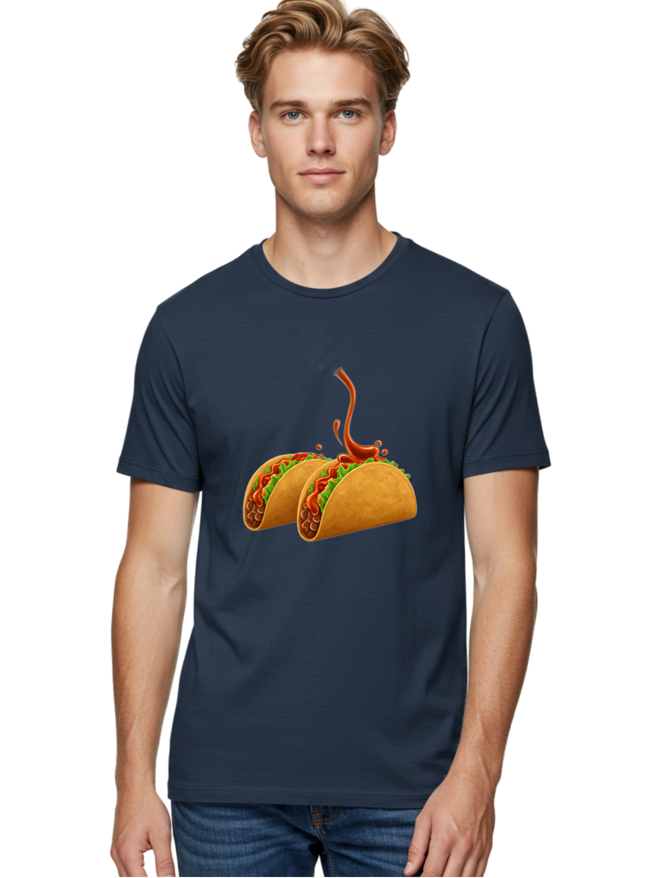Tacos-With-Hot-Sauce Men'S Graphic Tee, 100% Cotton, Comfortable Casual Summer Wear, Machine Washable, Tacos With Lettuce, Salsa Splashing, Mexican Food, Fast Food, Taco Graphics, Vibrant Red Sauce, Crunchy Tacos, Fresh Lettuce, Salsa Splash Bab488