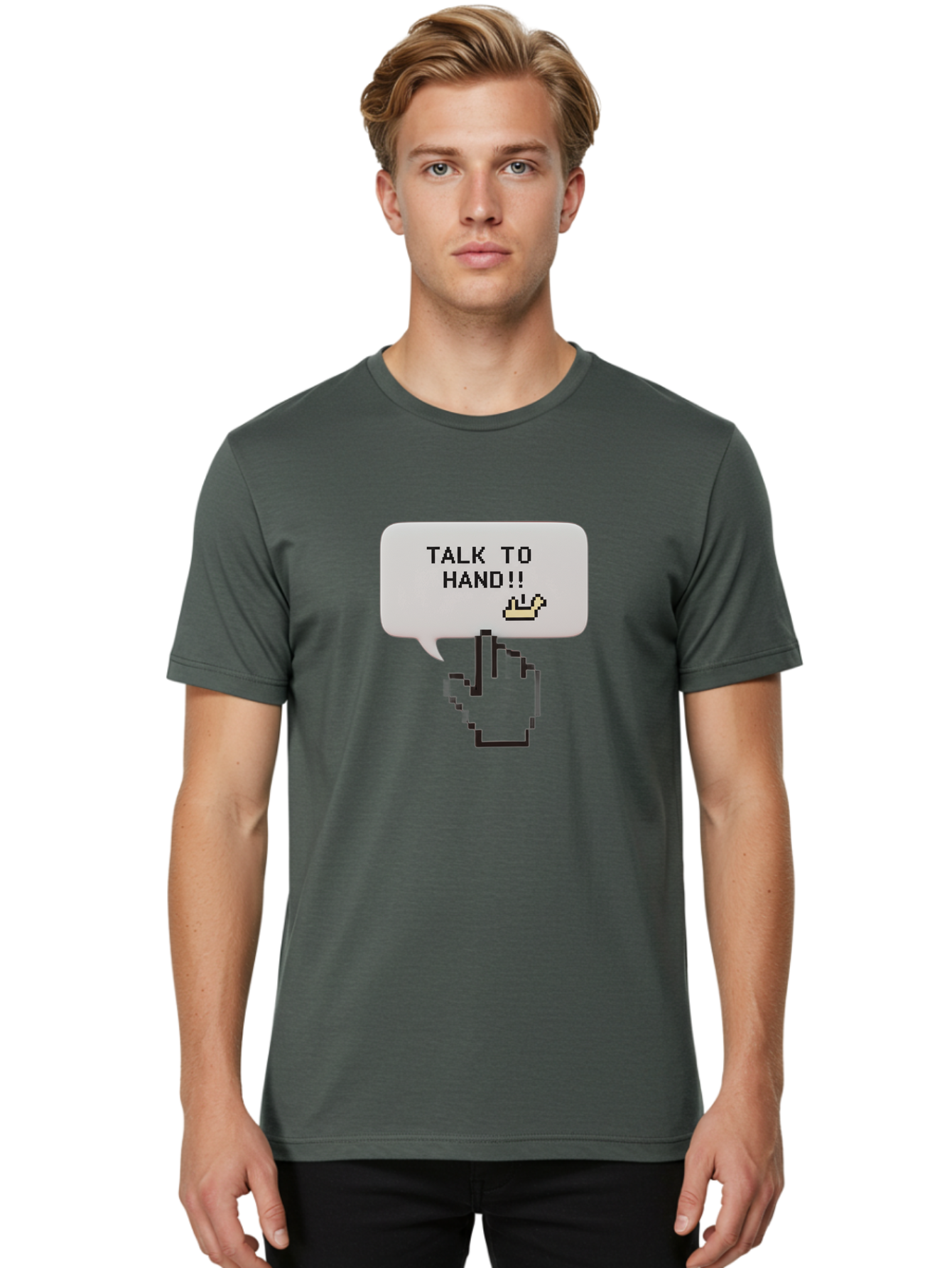Talk-To-Hand Men'S Graphic Tee, 100% Cotton, Comfortable Casual Summer Wear, Machine Washable, Talk To Hand, Pixel Art, Greeting Card, Waving Hand, User Interface, Retro Style, Chat Bubble, Hand Icon, Hand Gesture, 90S Nostalgia Bab489