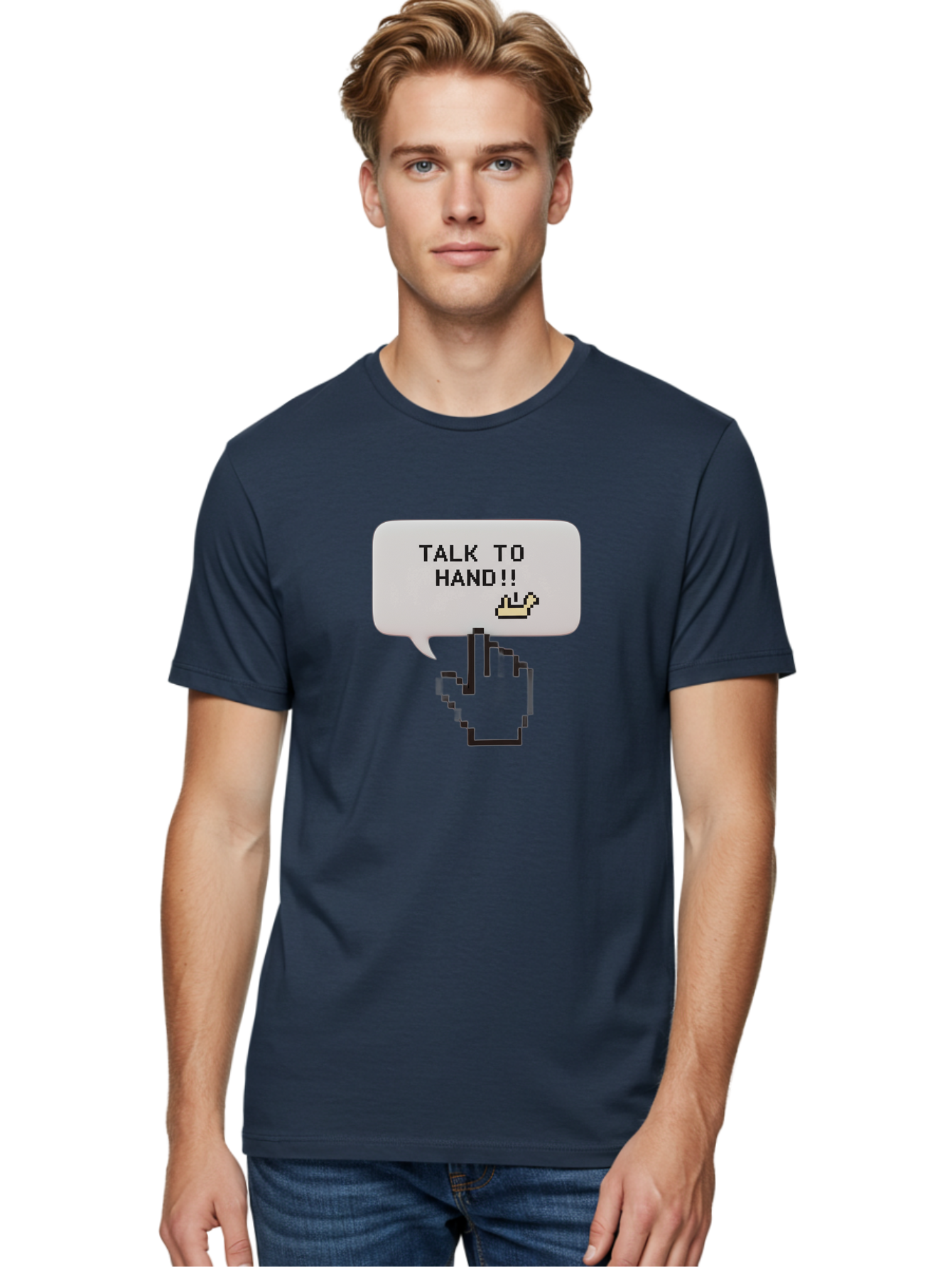 Talk-To-Hand Men'S Graphic Tee, 100% Cotton, Comfortable Casual Summer Wear, Machine Washable, Talk To Hand, Pixel Art, Greeting Card, Waving Hand, User Interface, Retro Style, Chat Bubble, Hand Icon, Hand Gesture, 90S Nostalgia Bab489