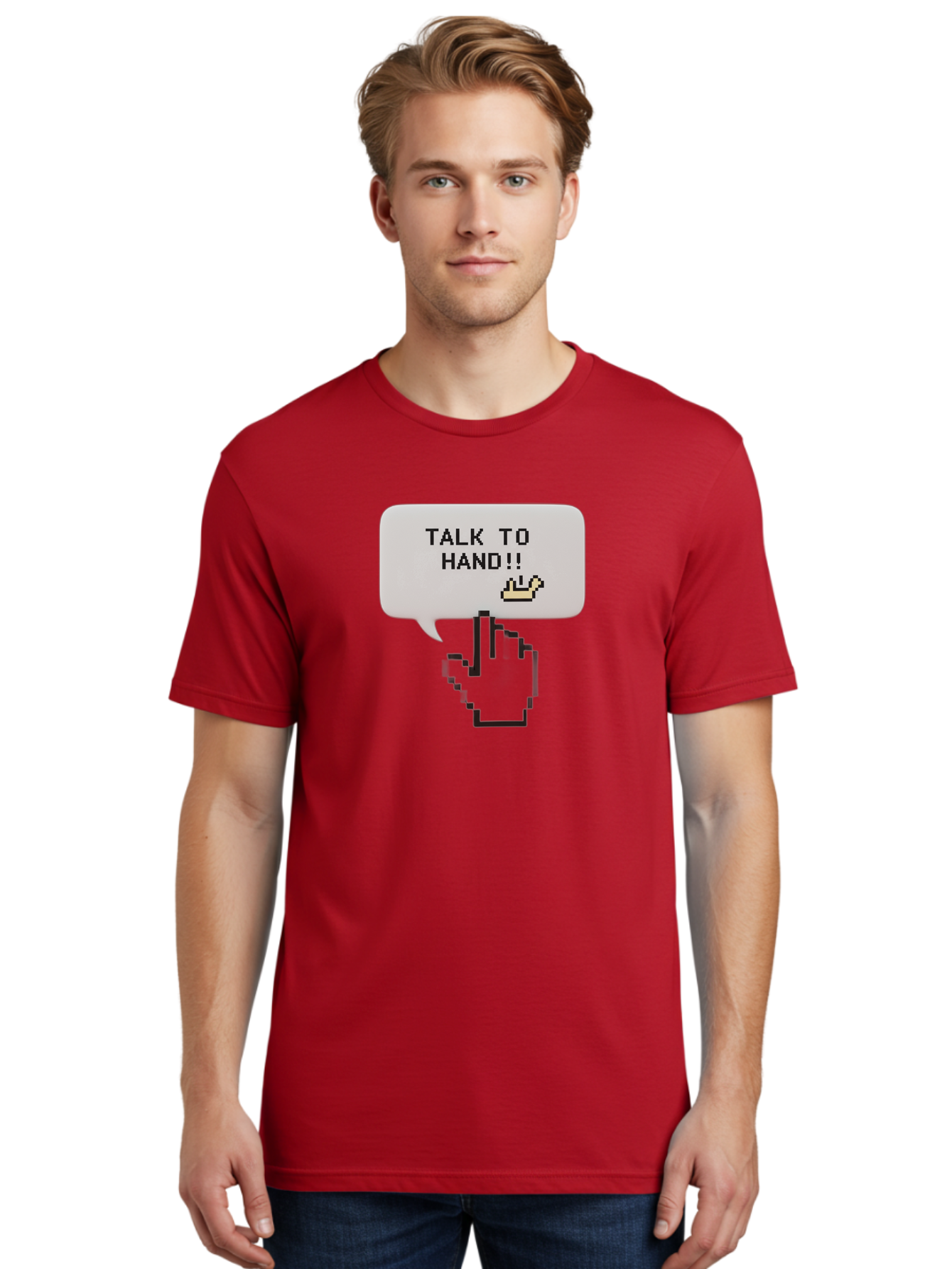 Talk-To-Hand Men'S Graphic Tee, 100% Cotton, Comfortable Casual Summer Wear, Machine Washable, Talk To Hand, Pixel Art, Greeting Card, Waving Hand, User Interface, Retro Style, Chat Bubble, Hand Icon, Hand Gesture, 90S Nostalgia Bab489