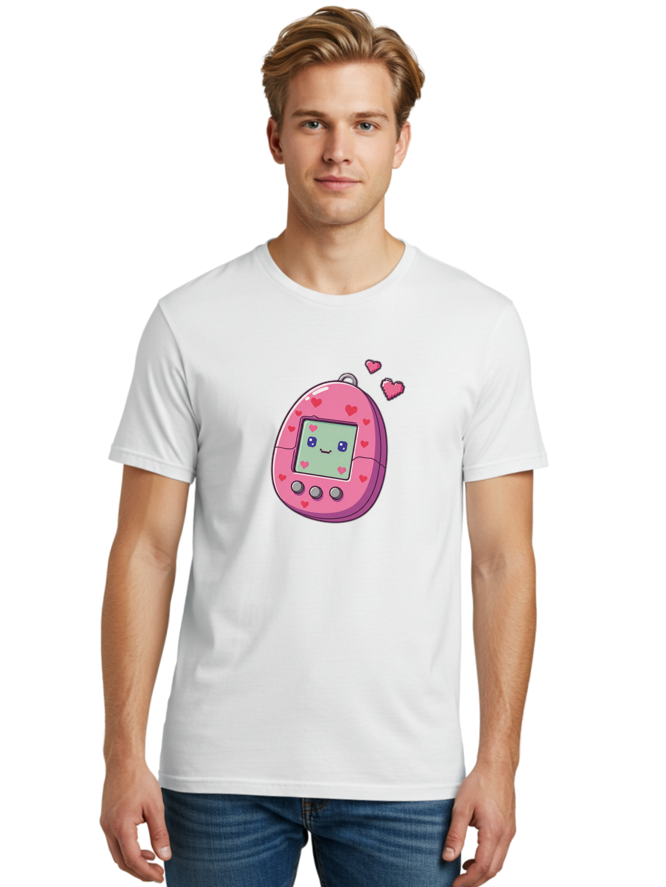 Tamagotchi-1 Men'S Graphic Tee, 100% Cotton, Comfortable Casual Summer Wear, Machine Washable, Pink Digital Pet, Heart Designs, Cute Character, Cartoon Style, Nostalgic Toy, Retro Gaming, 90S Kids, Digital Creature Bab490