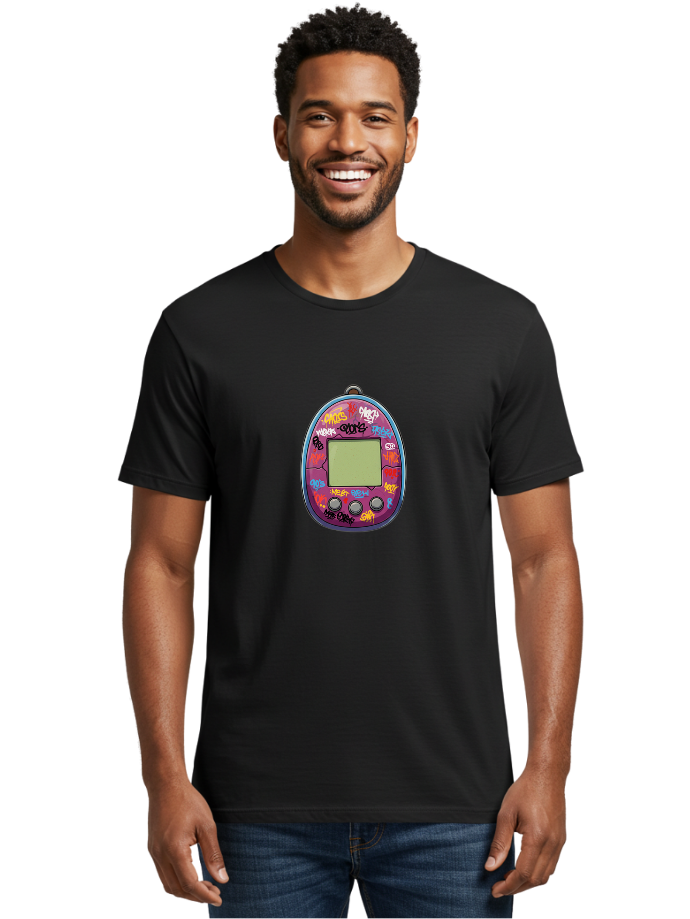 Tamagotchi-10 Men'S Graphic Tee, 100% Cotton, Comfortable Casual Summer Wear, Machine Washable, Graffiti Covered Digital Pet, Retro Handheld Game, Nostalgic 90S Toy, Tamagotchi Toy, Digital Creature, Nostalgic Tech, Childhood Memories, Bab491