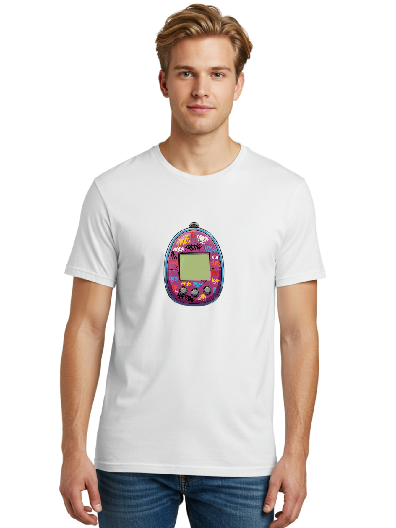 Tamagotchi-10 Men'S Graphic Tee, 100% Cotton, Comfortable Casual Summer Wear, Machine Washable, Graffiti Covered Digital Pet, Retro Handheld Game, Nostalgic 90S Toy, Tamagotchi Toy, Digital Creature, Nostalgic Tech, Childhood Memories, Bab491