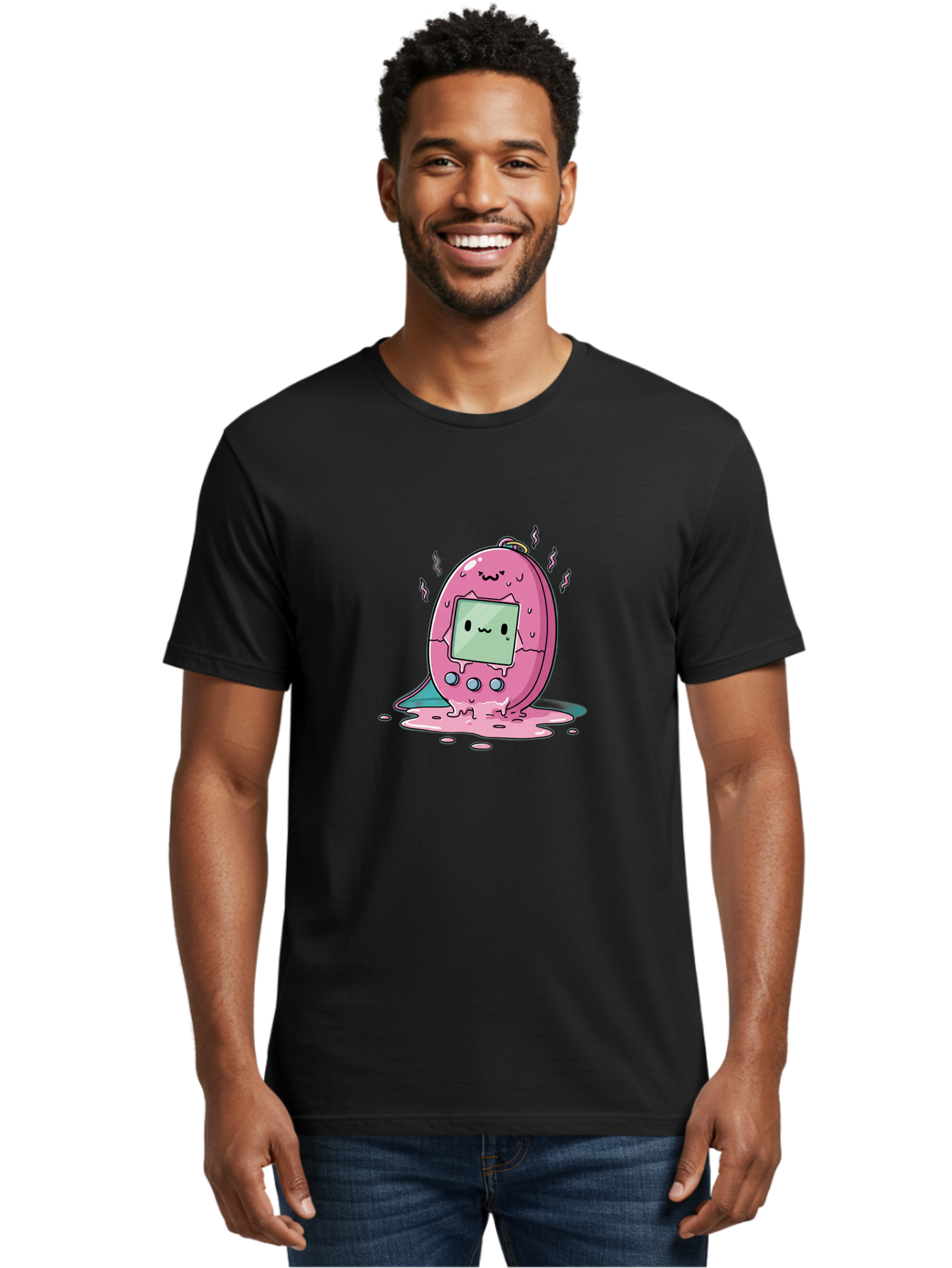 Tamagotchi-11 Men'S Graphic Tee, 100% Cotton, Comfortable Casual Summer Wear, Machine Washable, Pink Digital Pet, Broken Screen, Sad Face, Melting Toy, Nostalgic 90S, Retro Gaming, Cartoon Style, Kawaii Aesthetic Bab492