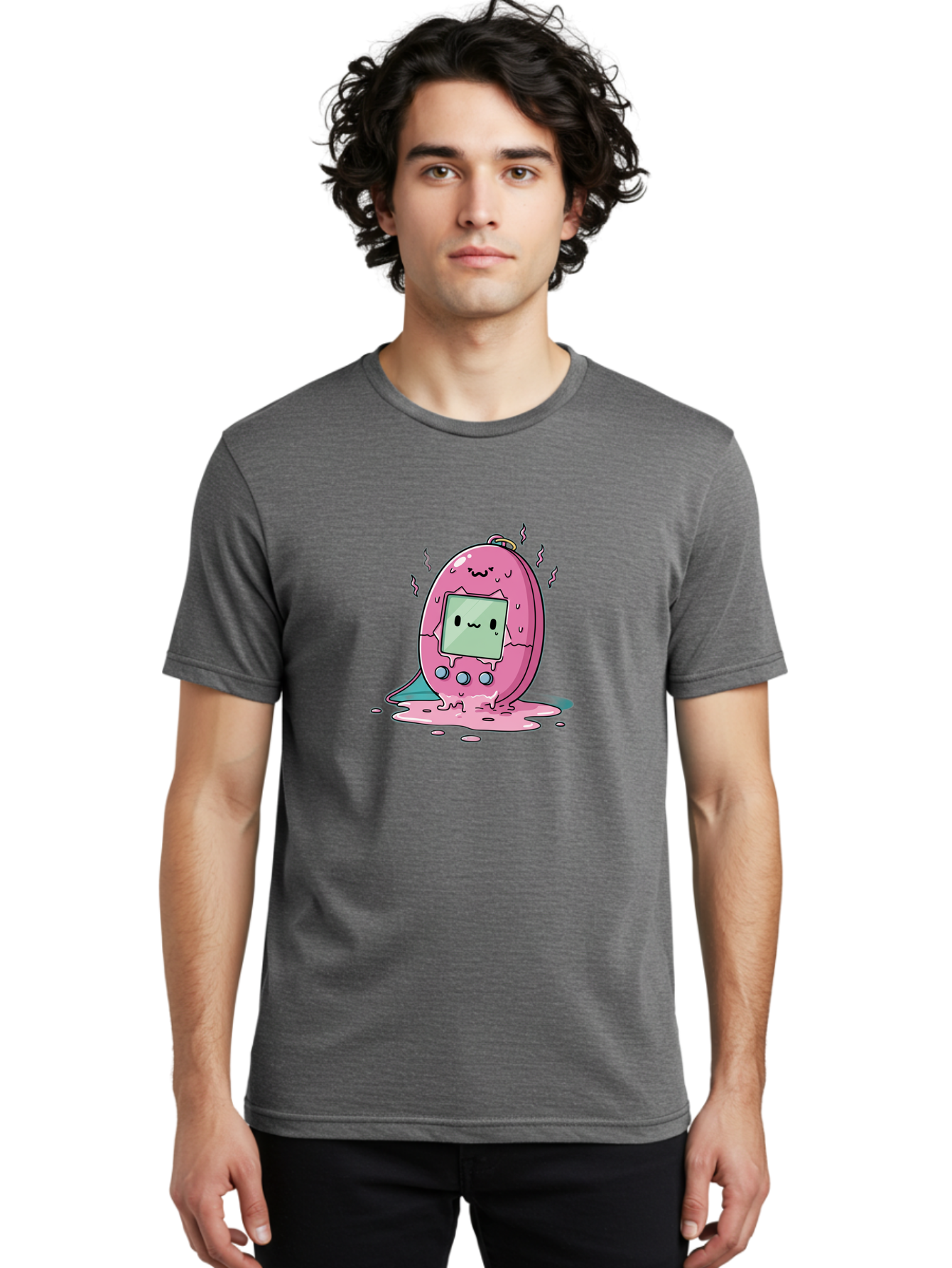 Tamagotchi-11 Men'S Graphic Tee, 100% Cotton, Comfortable Casual Summer Wear, Machine Washable, Pink Digital Pet, Broken Screen, Sad Face, Melting Toy, Nostalgic 90S, Retro Gaming, Cartoon Style, Kawaii Aesthetic Bab492