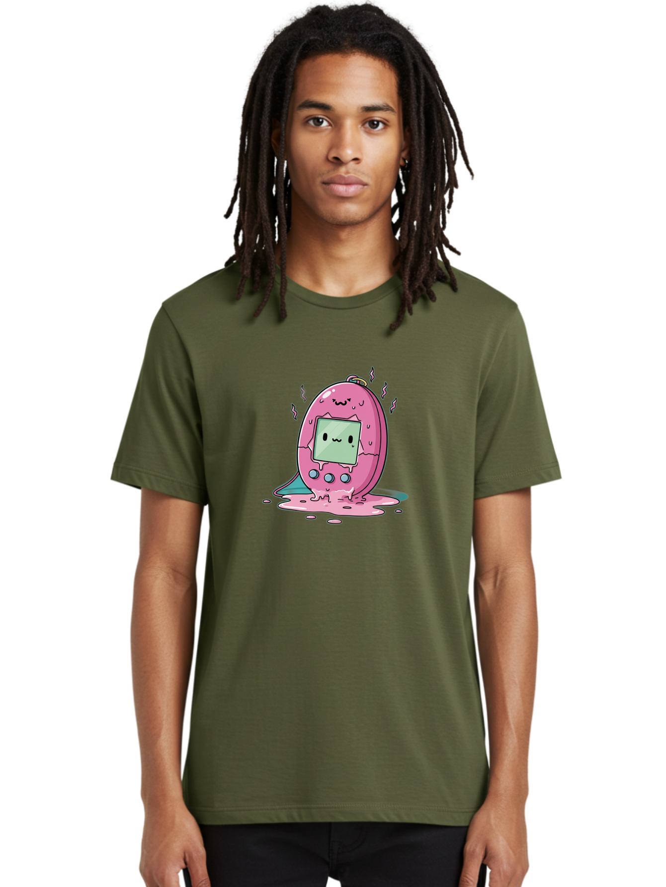 Tamagotchi-11 Men'S Graphic Tee, 100% Cotton, Comfortable Casual Summer Wear, Machine Washable, Pink Digital Pet, Broken Screen, Sad Face, Melting Toy, Nostalgic 90S, Retro Gaming, Cartoon Style, Kawaii Aesthetic Bab492