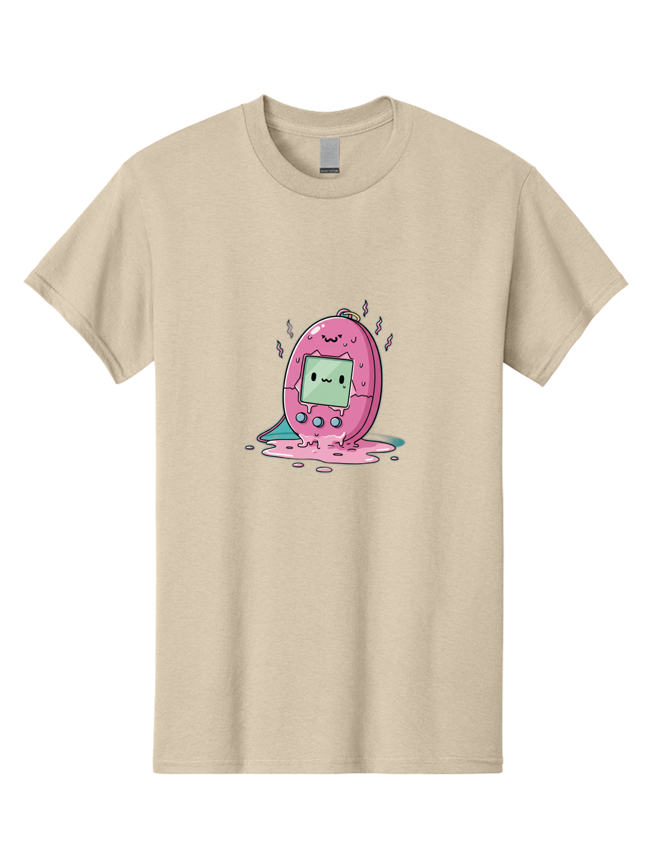 Tamagotchi-11 Men'S Graphic Tee, 100% Cotton, Comfortable Casual Summer Wear, Machine Washable, Pink Digital Pet, Broken Screen, Sad Face, Melting Toy, Nostalgic 90S, Retro Gaming, Cartoon Style, Kawaii Aesthetic Bab492