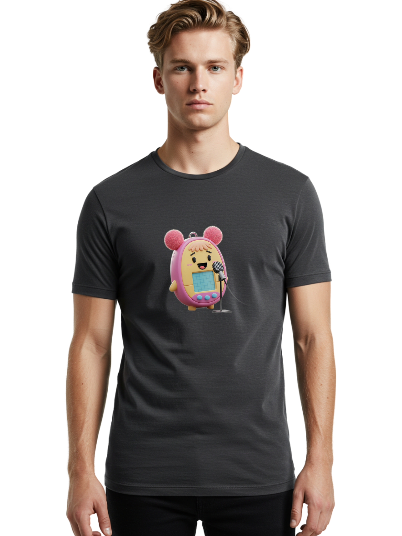 Tamagotchi-12 Men'S Graphic Tee, 100% Cotton, Comfortable Casual Summer Wear, Machine Washable, Tamagotchi Character, Singing Into Microphone, Cute Digital Pet, Pop Culture Icon, Retro Toy, Fun And Playful, Kawaii Character, Singing With Joy Bab493