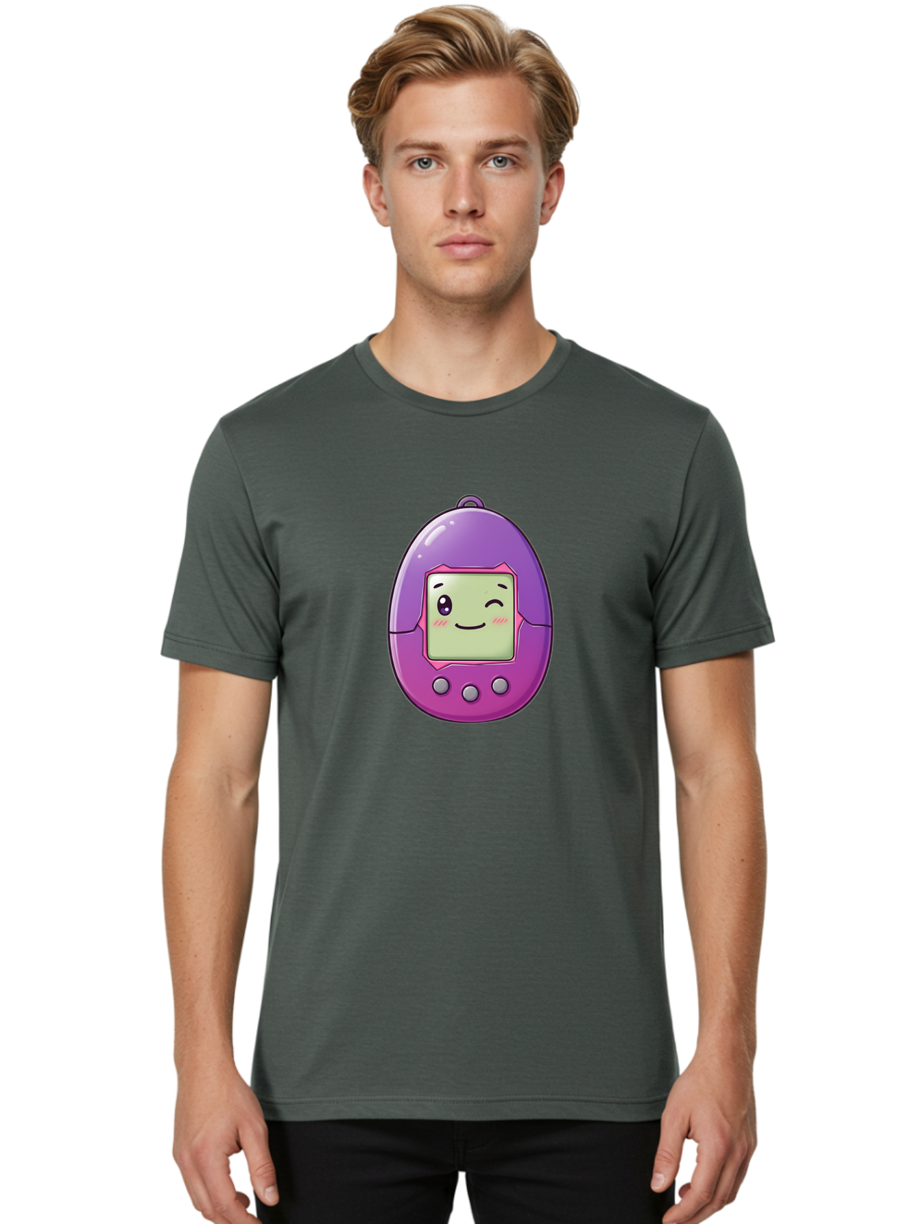 Tamagotchi-2 Men'S Graphic Tee, 100% Cotton, Comfortable Casual Summer Wear, Machine Washable, Digital Pet, Cartoon Character, Kawaii Culture, Retro Gaming, Nostalgic Toy, Egg-Shaped Device, Purple And Pink, Cute Design, 90S Nostalgia, Bab496