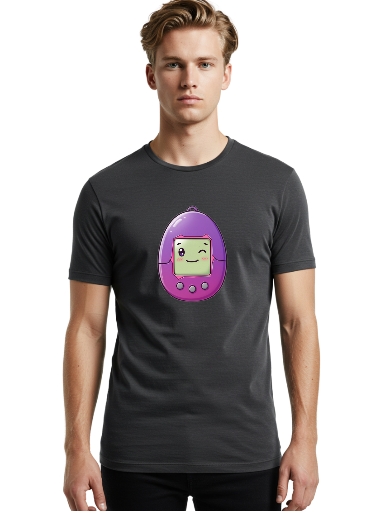 Tamagotchi-2 Men'S Graphic Tee, 100% Cotton, Comfortable Casual Summer Wear, Machine Washable, Digital Pet, Cartoon Character, Kawaii Culture, Retro Gaming, Nostalgic Toy, Egg-Shaped Device, Purple And Pink, Cute Design, 90S Nostalgia, Bab496