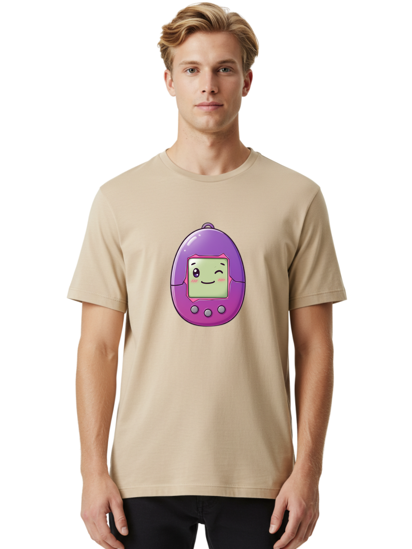 Tamagotchi-2 Men'S Graphic Tee, 100% Cotton, Comfortable Casual Summer Wear, Machine Washable, Digital Pet, Cartoon Character, Kawaii Culture, Retro Gaming, Nostalgic Toy, Egg-Shaped Device, Purple And Pink, Cute Design, 90S Nostalgia, Bab496