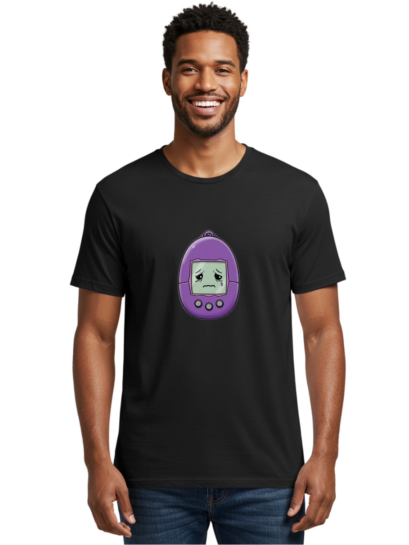 Tamagotchi-3 Men'S Graphic Tee, 100% Cotton, Comfortable Casual Summer Wear, Machine Washable, Purple Digital Pet, Sad Face, Crying Tamagotchi, Retro Toy, Nostalgic Tech, Digital Creature, Sad Expression, Vintage Gadget Bab497