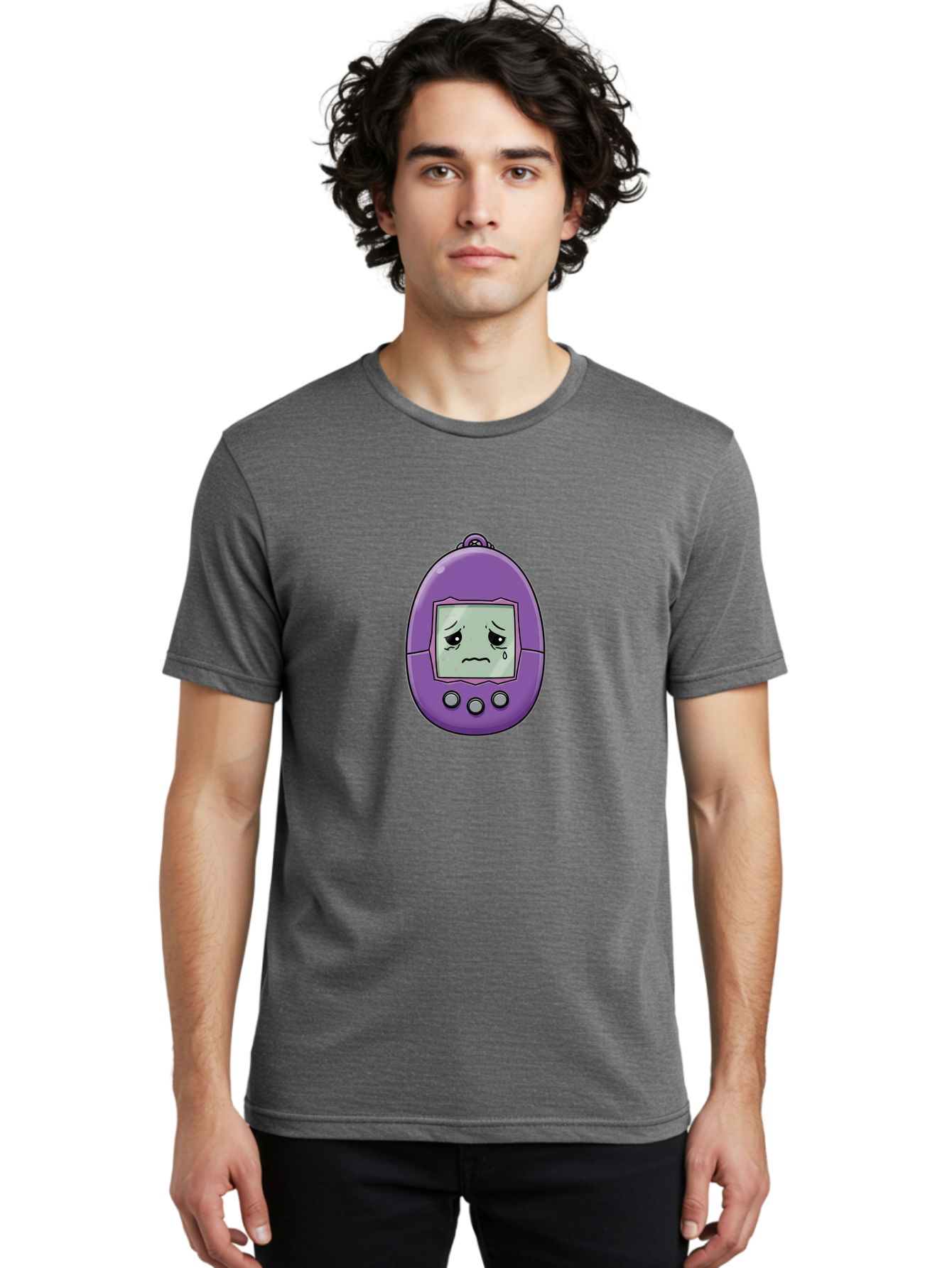 Tamagotchi-3 Men'S Graphic Tee, 100% Cotton, Comfortable Casual Summer Wear, Machine Washable, Purple Digital Pet, Sad Face, Crying Tamagotchi, Retro Toy, Nostalgic Tech, Digital Creature, Sad Expression, Vintage Gadget Bab497