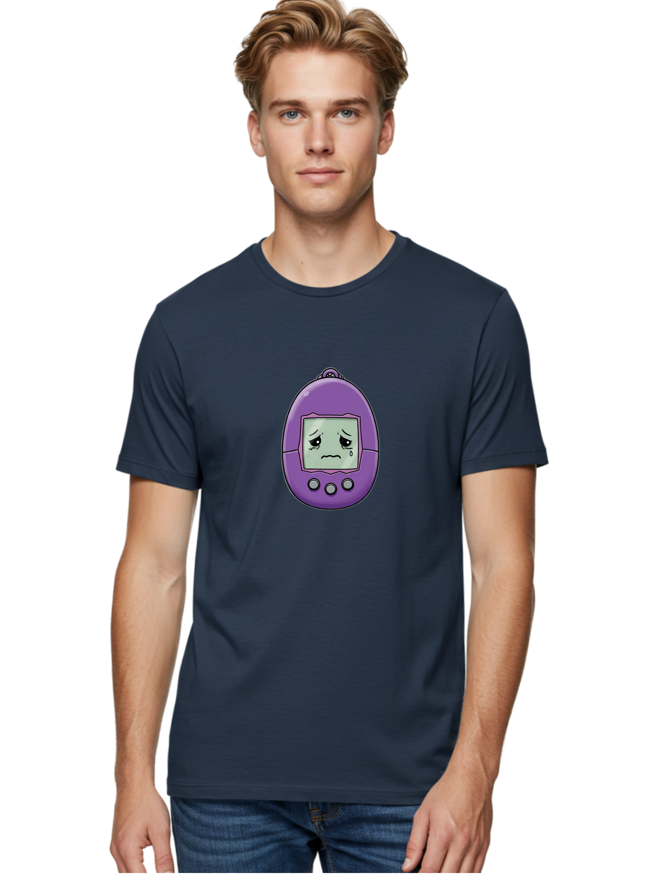 Tamagotchi-3 Men'S Graphic Tee, 100% Cotton, Comfortable Casual Summer Wear, Machine Washable, Purple Digital Pet, Sad Face, Crying Tamagotchi, Retro Toy, Nostalgic Tech, Digital Creature, Sad Expression, Vintage Gadget Bab497