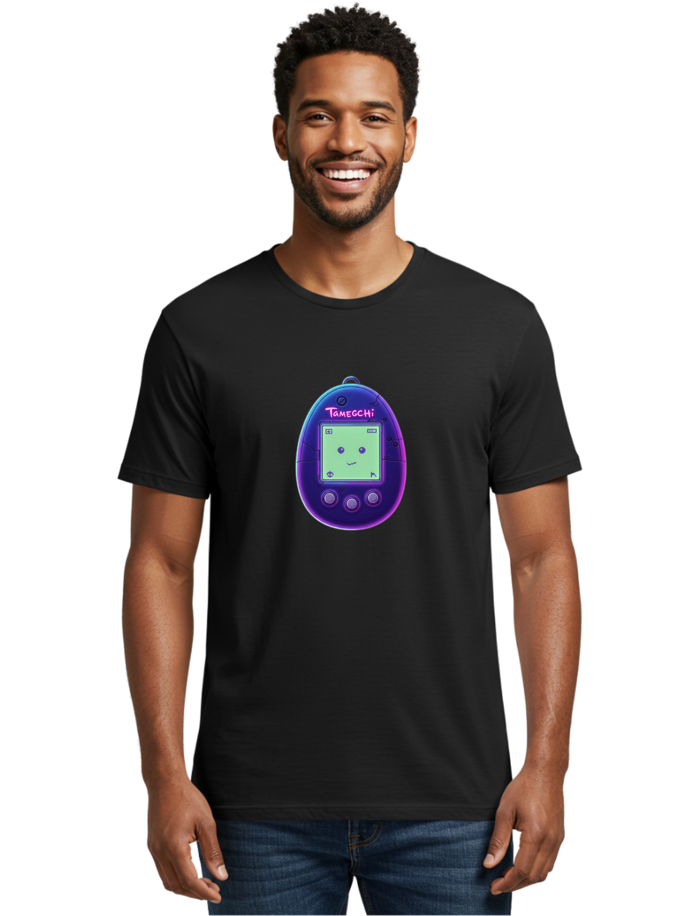 Tamagotchi-4 Men'S Graphic Tee, 100% Cotton, Comfortable Casual Summer Wear, Machine Washable, Retro Digital Pet, Handheld Game, Nostalgic Tech, Purple Egg-Shaped Device, Cute Character, Gaming Nostalgia, 90S Kids, Retro Gaming Culture Bab498